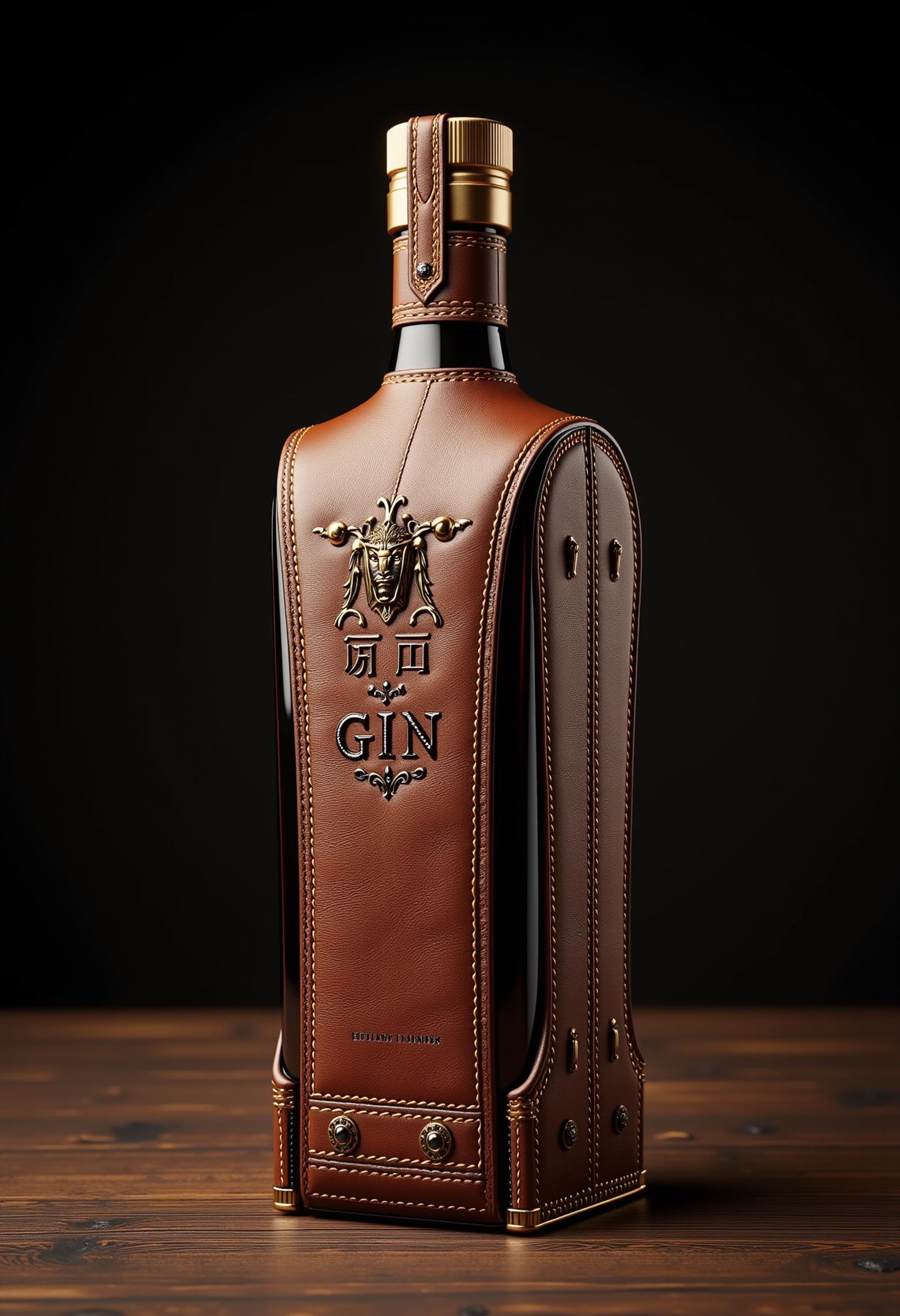 made of leather, a bottle of gin <lora:dvr-leather-flux:1>