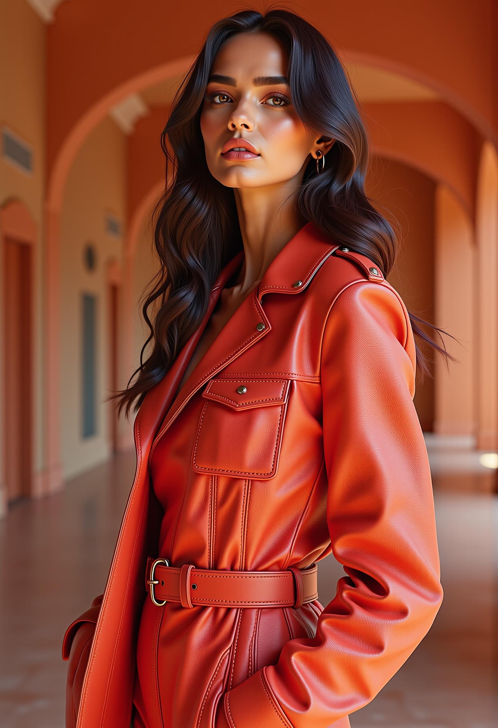 made of leather, Fashion photography of a supermodel, wearing Suede and Coral Accents fashion outfit, Kodak gold 200, L USM, Low Contrast, avant-garde, <lora:dvr-leather-flux:1>, highly detail, perfect composition, modified, professional creative, beautiful detailed, enchanted, sharp focus, glowing