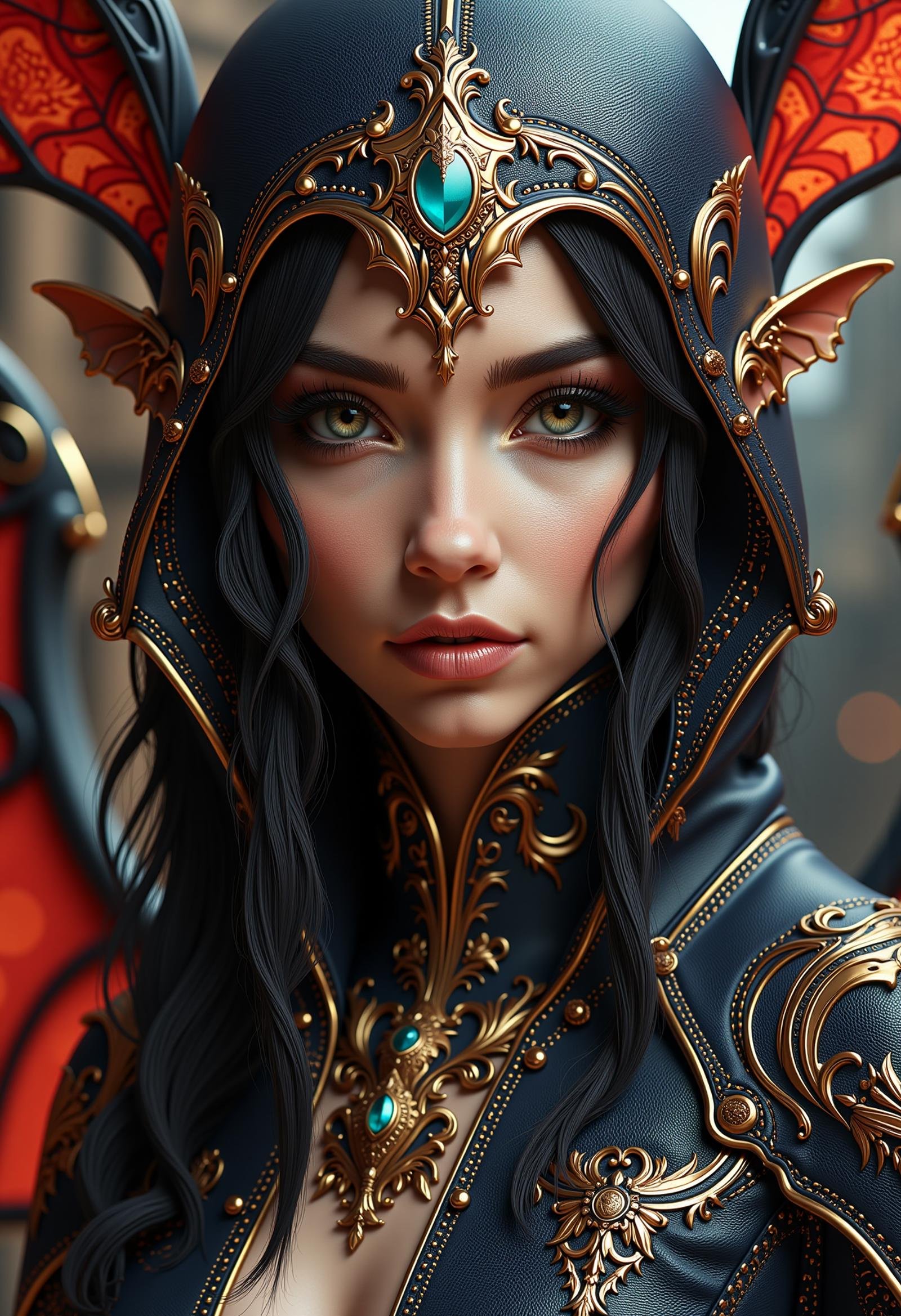 made of leather, D&D style portrait, fantasy, digital art, Female Faerie, close-up, illustration, concept art, ornate, detailed face, <lora:dvr-leather-flux:1>, dynamic cinematic perfect background, colorful, striking, gorgeous, ambient