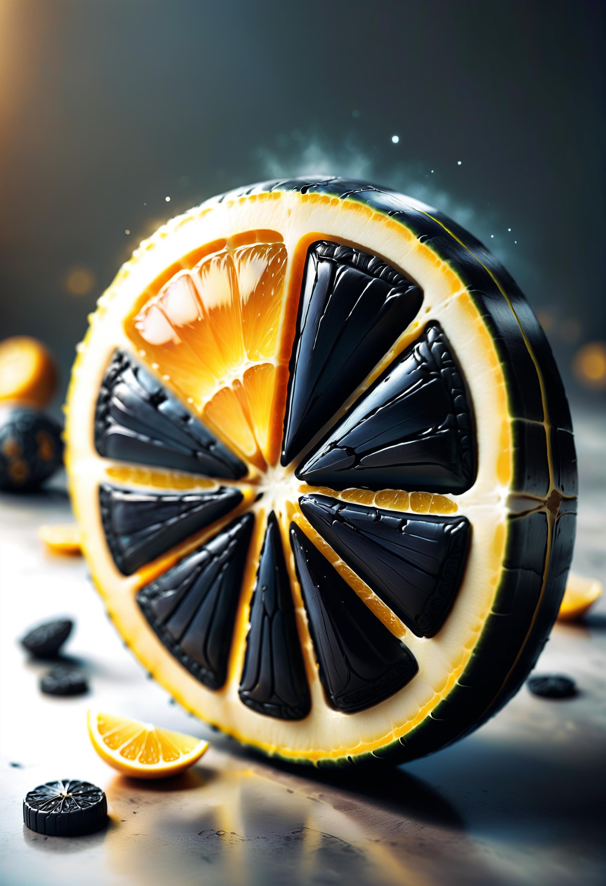 ethereal fantasy concept art of a black lemon slice with the segments made of dvr-rbbr, magnificent, celestial, ethereal, painterly, epic, majestic, magical, fantasy art, cover art, dreamy<lora:dvr-rbbr:0.8> 