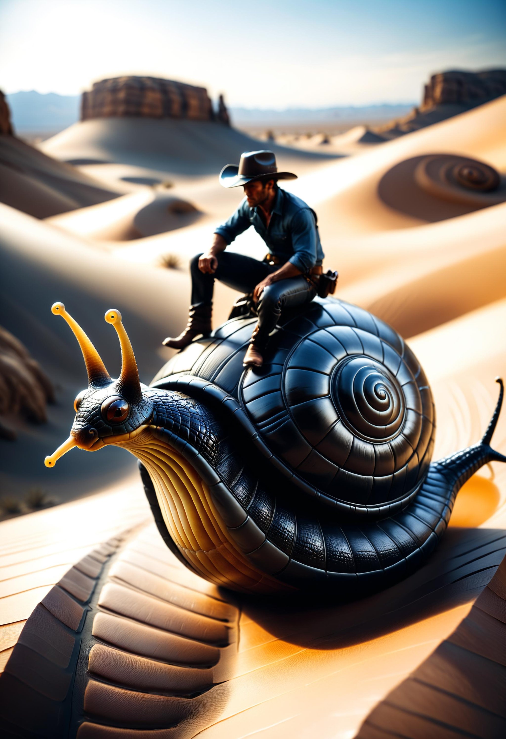 a cowboy riding a large snail through the desert, (Film Photography:1.3),  Photorealistic, Hyperrealistic, Hyperdetailed, film noir, analog style, soft lighting, subsurface scattering, realistic, heavy shadow, masterpiece, best quality, ultra realistic, 8k, golden ratio, Intricate, High Detail, film photography<lora:dvr-rbbr:0.8> dvr-rbbr