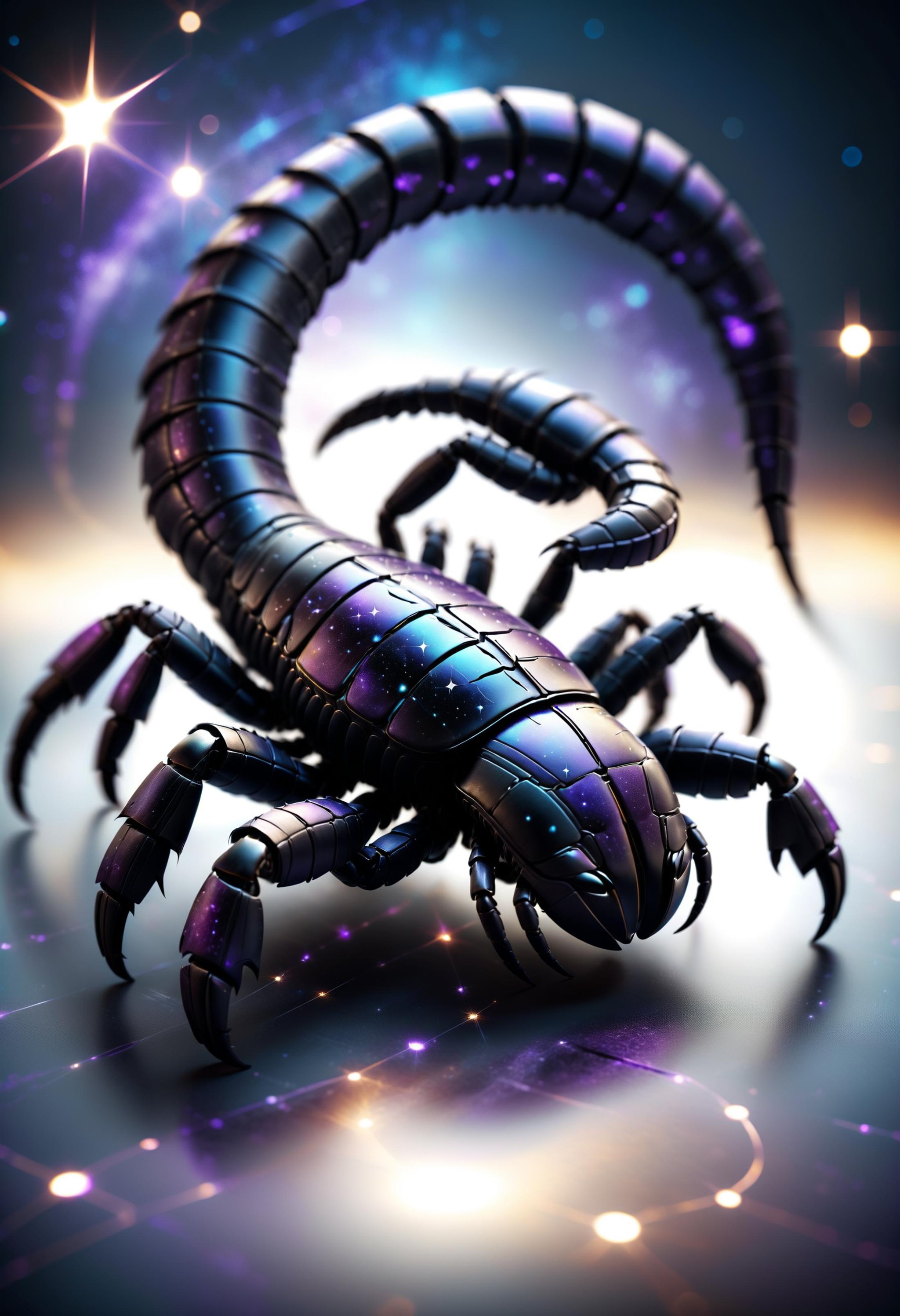 hologram of Scorpio, depiction of the Scorpion constellation, deep and mysterious shadows in shades of black and purple, flickering stars, floating in space, a vibrant digital illustration, dribbble, quantum wavetracing, black background, behance hd<lora:dvr-rbbr:0.8> dvr-rbbr