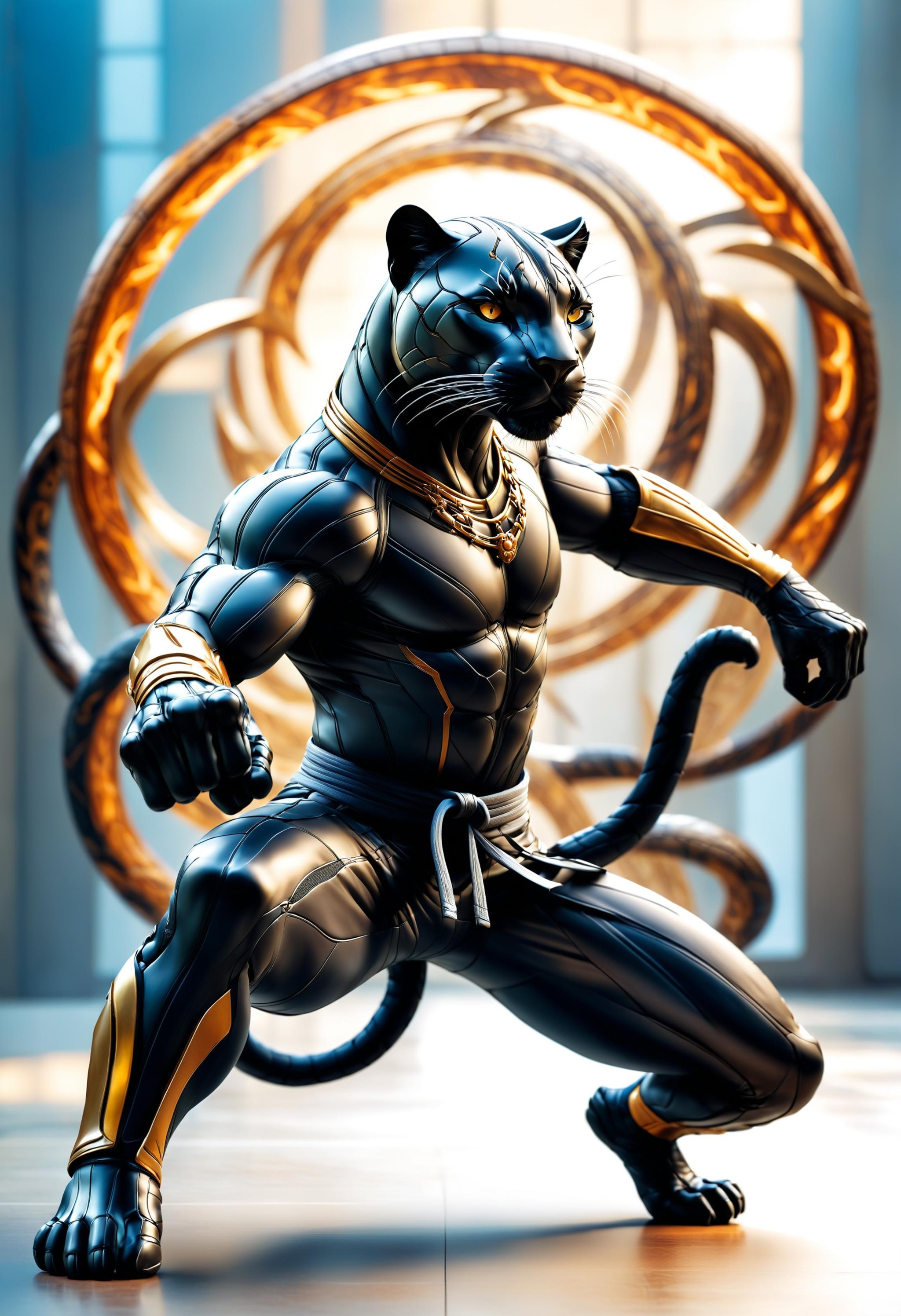 cinematic photo, [anime artwork::8], centered, panther with martial artist DNA, resulting in a new character that embodies elements of both, dynamic pose, full body shot, hybrid, double exposure art, background: dojo, depth of field,  full color,  photorealistic,  hyper realistic,  highly detailed,  pro vector,  bright colors,  shiny,  fractal details,  art by j.c. leyendecker  <lora:dvr-rbbr:0.8> dvr-rbbr