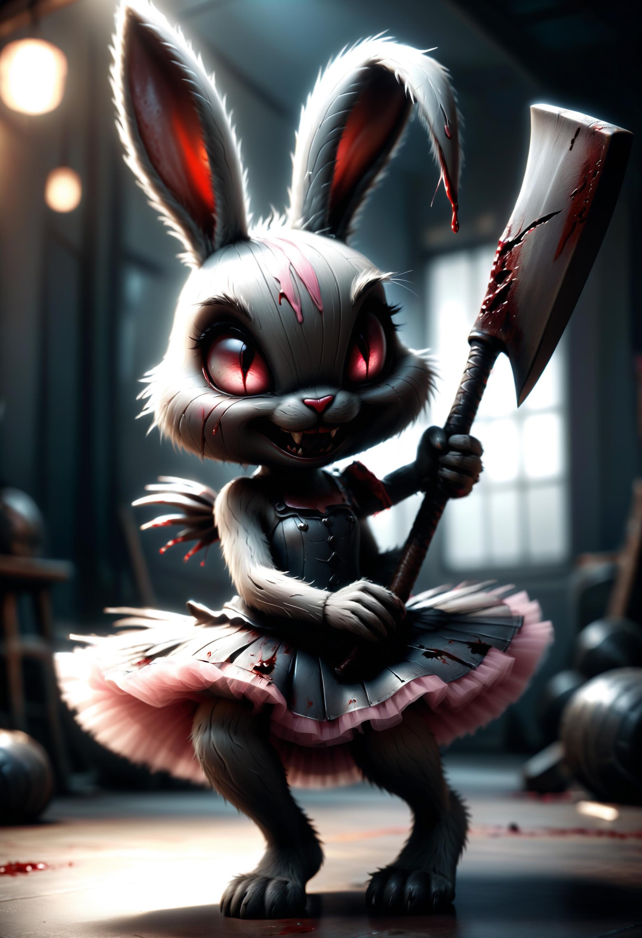 hyper realistic, dark atmosphere, surreal mood, evil derpy bunny wearing a pink tutu plotting to take over the world, evil smile, red eyes, fingernails dripping with blood, holding an axe, trending on artstation, high quality, 4k<lora:dvr-rbbr:0.8> dvr-rbbr