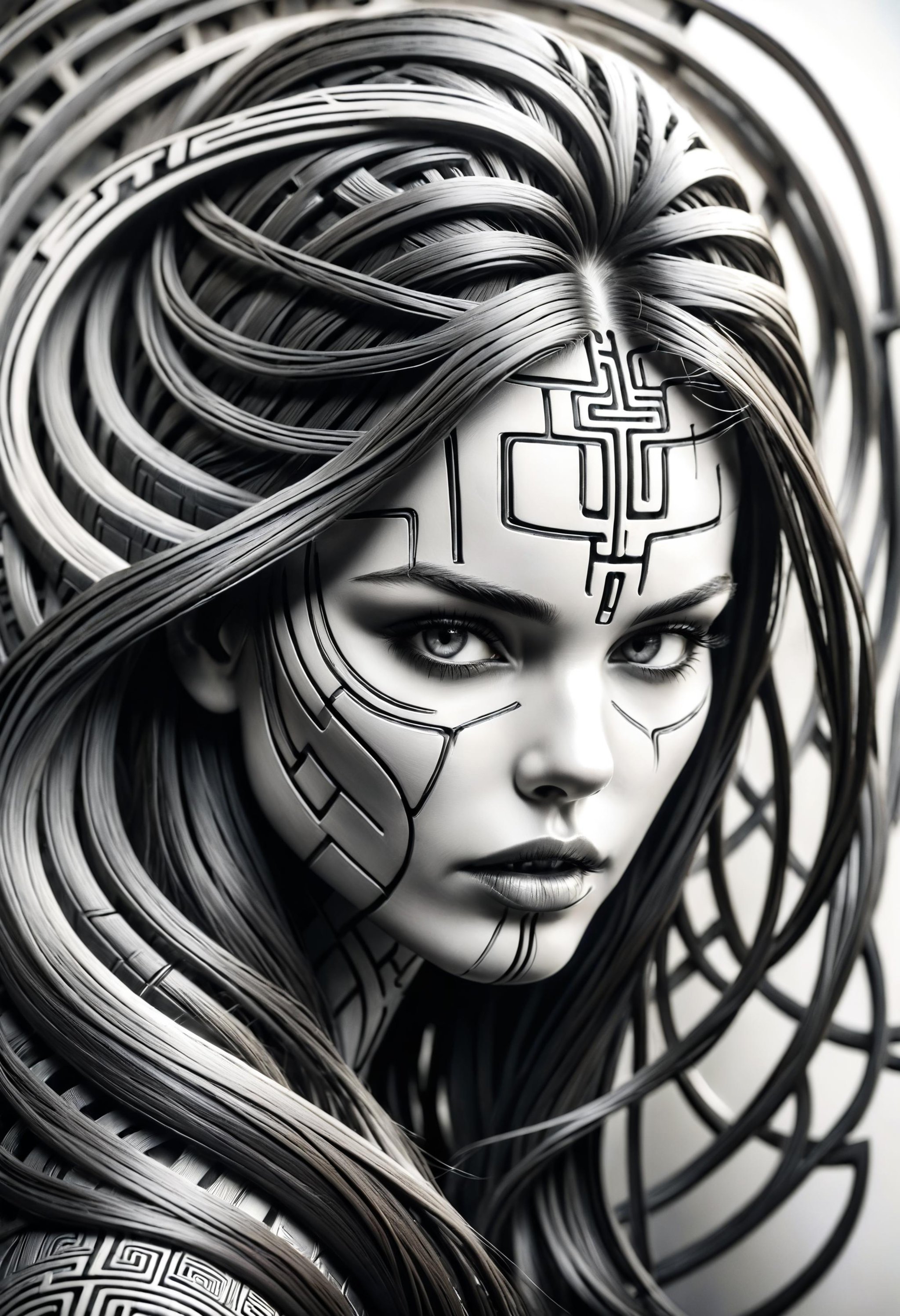 b&w portrait of a maze embedded woman with long hair, high contrast, charcoal influences<lora:dvr-rbbr:0.8> dvr-rbbr