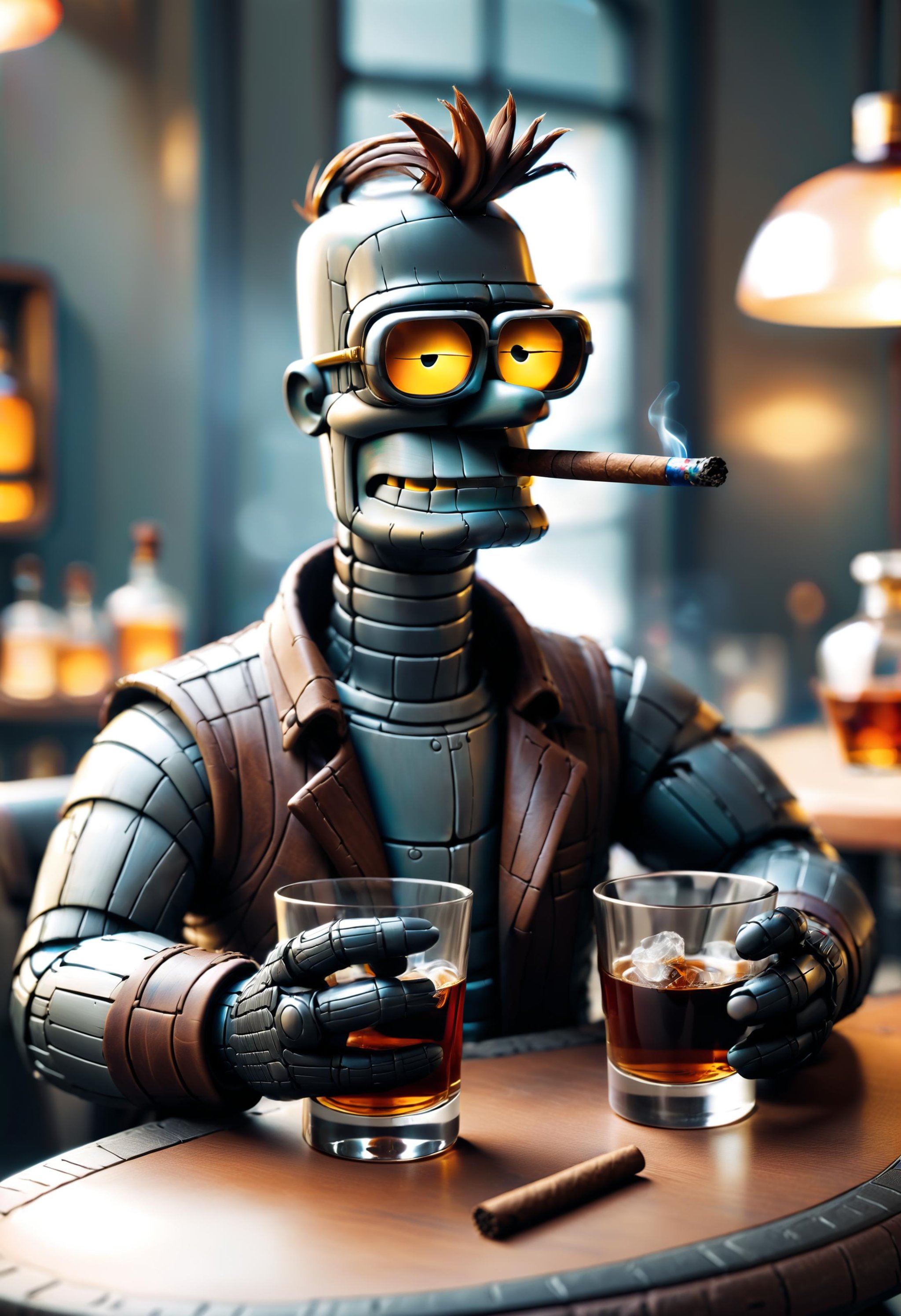 Futurama Bender holding a cigar and a glass of whiskey <lora:dvr-rbbr:0.8> dvr-rbbr