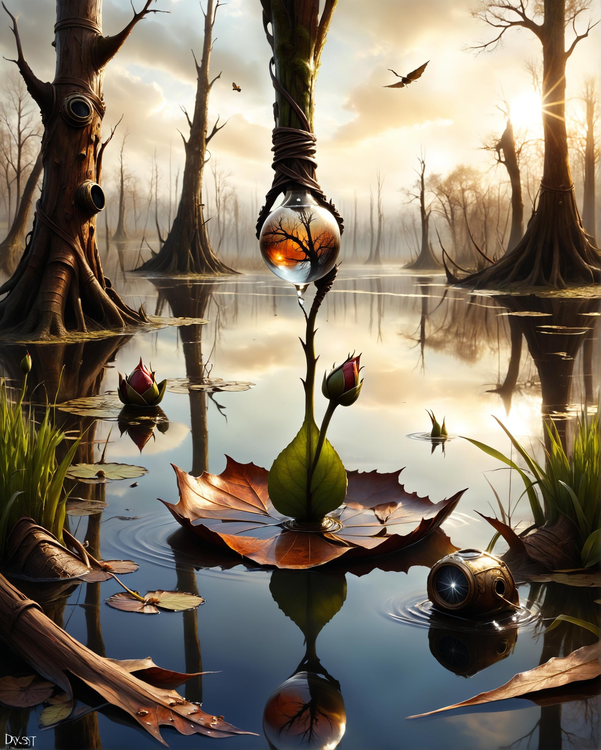 Swamp Mirrorer, There Will Be Buds, "Through the lens of poetry, everyday objects become vessels of meaning, revealing the extraordinary within the ordinary.", "Tearin' up my heart, when I'm with you.", <lora:dvr-rst:0.8> dvr-rst, highly detailed, pure, cinematic atmosphere, stunning, dynamic dramatic atmosphere, fine artistic composition, creative