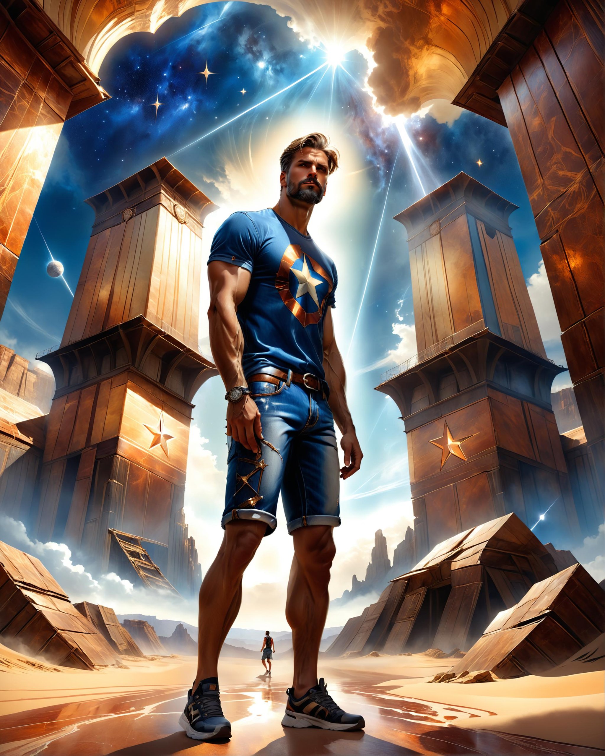 art by gil elvgen, greg manchess and mucha, digital art, Male, very elegant, wearing Denim shorts and graphic t-shirt, Star background, HDR, in focus, absurdres, 8K, High quality, guy, chic, lavish, <lora:dvr-rst:1> dvr-rst, enhanced quality, dynamic dramatic beautiful full taking, fertile, dynamic dramatic atmosphere, dynamic cinematic perfect background, magical atmosphere, epic composition, complimentary colors