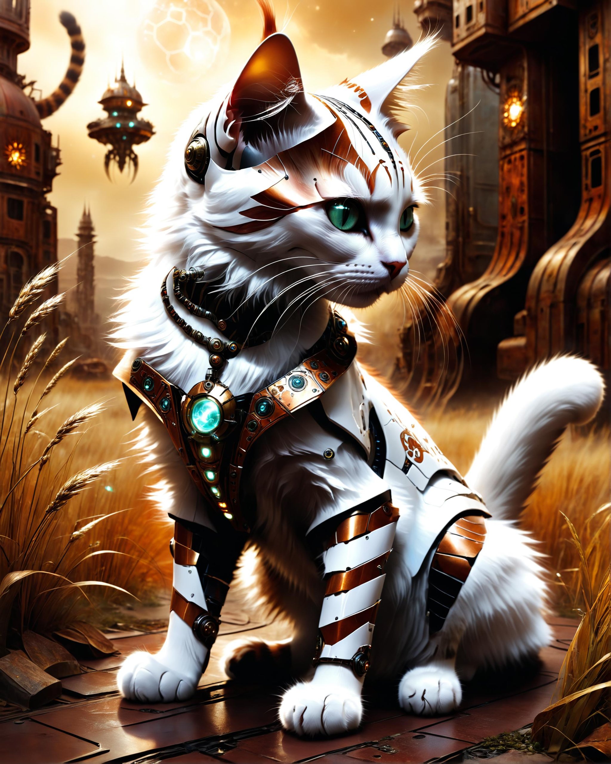 sci-fi, by Richard M. Powers, digital art, fall grass, robotic (Turkish Van Cat:1.2) , wearing cybernetics, Movie still, wallpaper, robot, sci fi, science fiction, <lora:dvr-rst:1> dvr-rst, highly decorated, grand illumination, polished, beautiful detailed supreme quality color intricate, epic composition, holy, beautiful