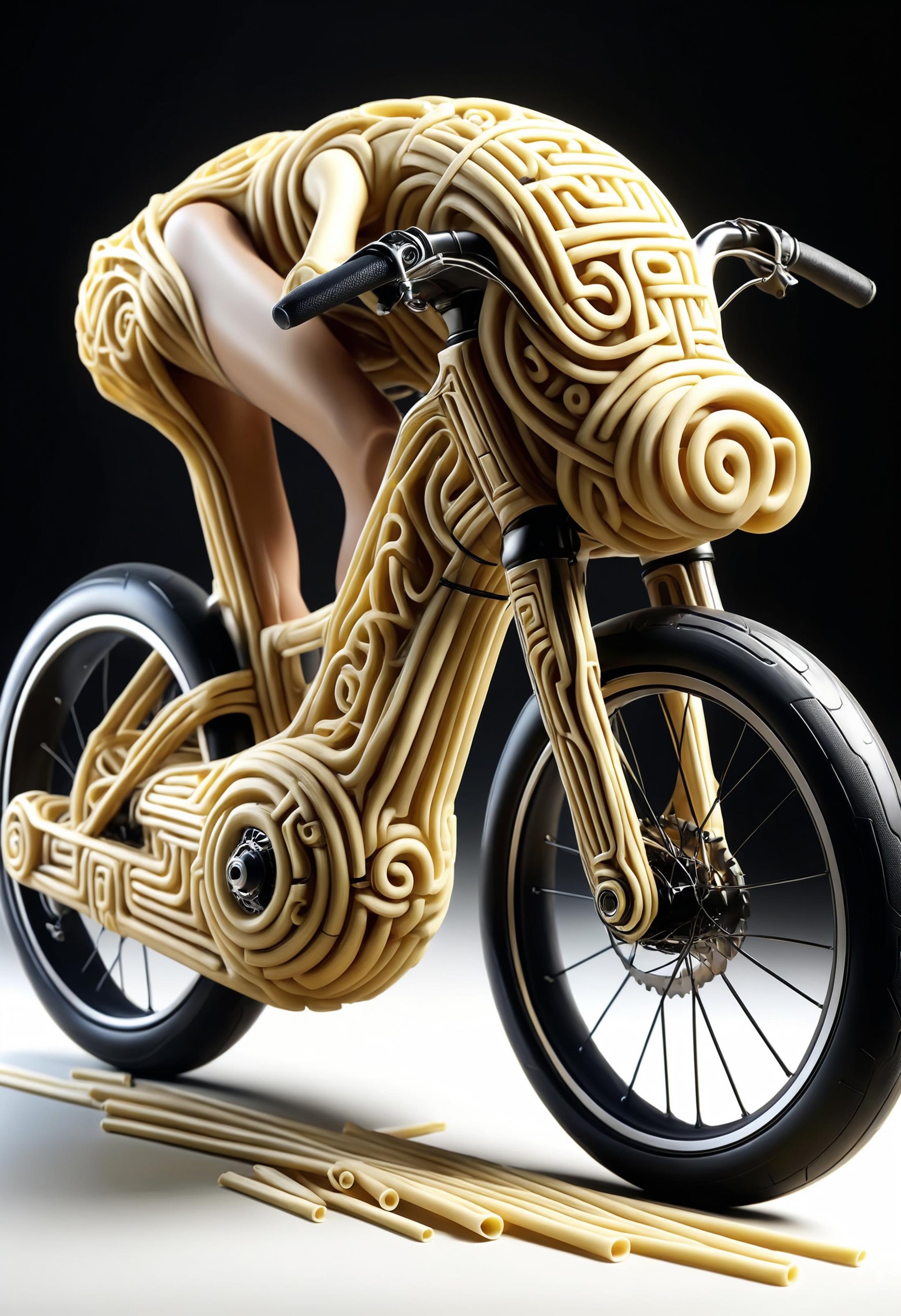 mind shattering concept art of a futuristic bicycle made of noodles<lora:dvr-mz:1> dvr-mz