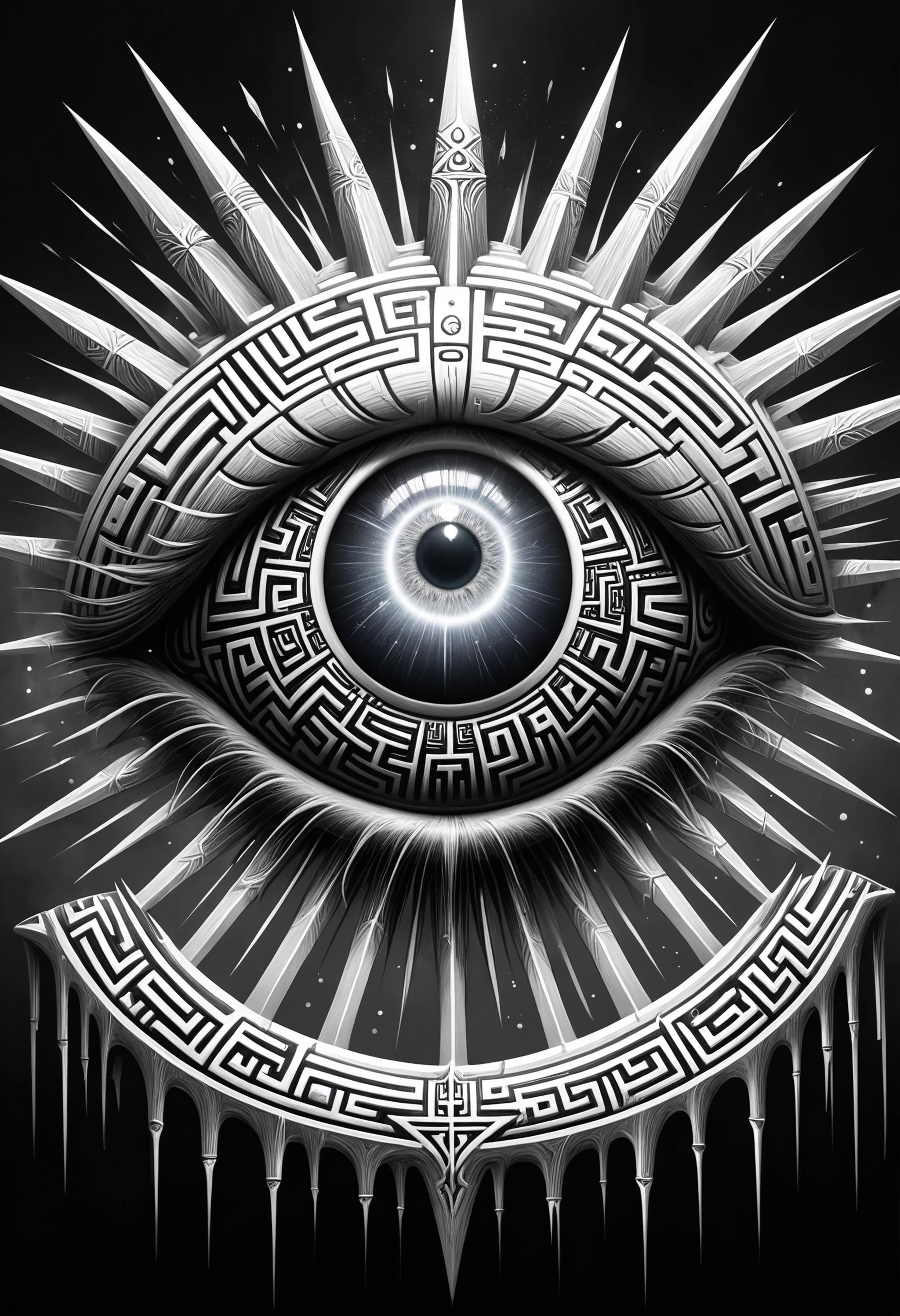 monster eyes suppository, equalizer rays, gray shades, tribal concept art of dark psychology, eclipse trails, inner distressed mood,  cosmic glory, cluster dispersed rays, evil tendrils overflowing, trending on artstation, Dan Hillier <lora:dvr-mz:1> dvr-mz