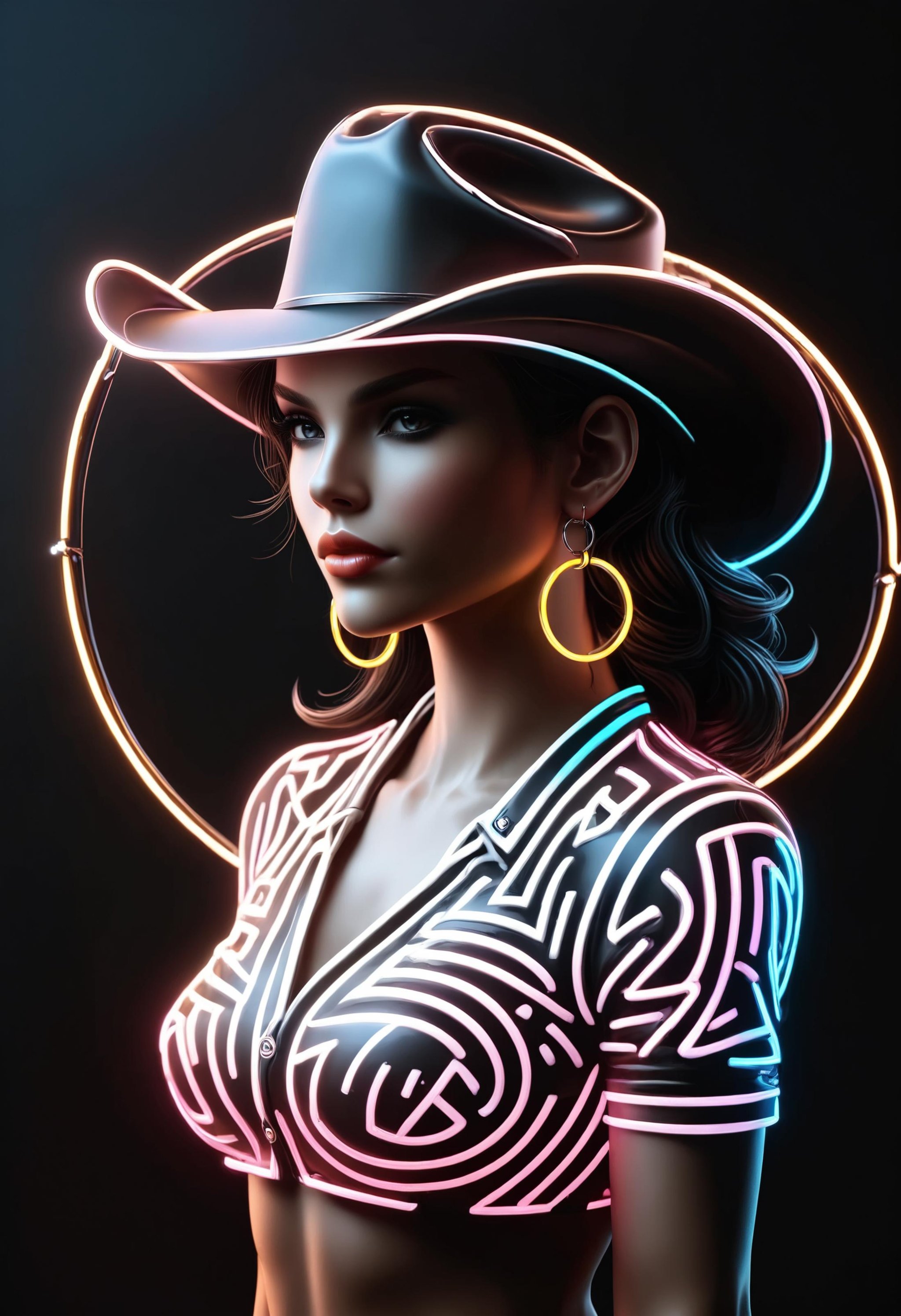 (cowgirl outline neon sign:1.1) on a pitch black background, woman silhouette with neon hoop earrings  <lora:dvr-mz:1.2> dvr-mz