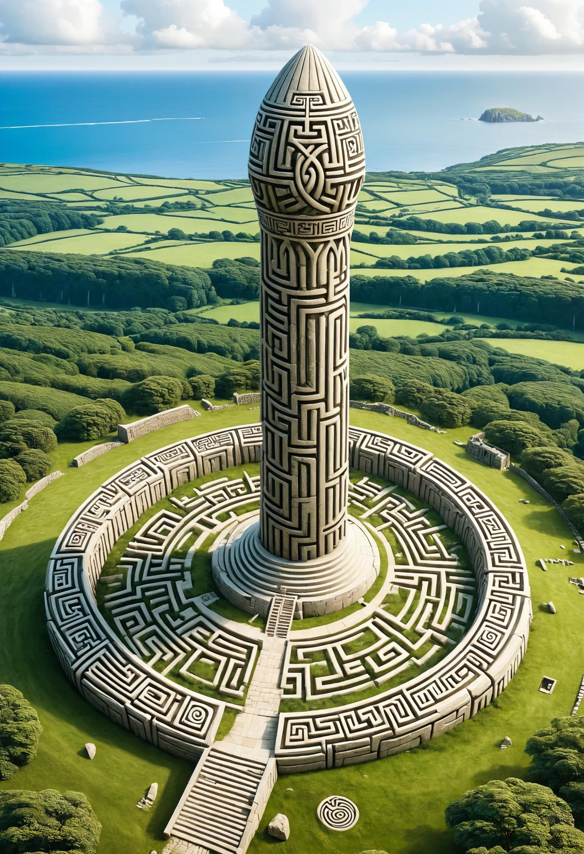 ancient celtic ruins viewed from above align to resemble a giant phallic monument with a lush pair of giant stones at its base<lora:dvr-mz:1> dvr-mz