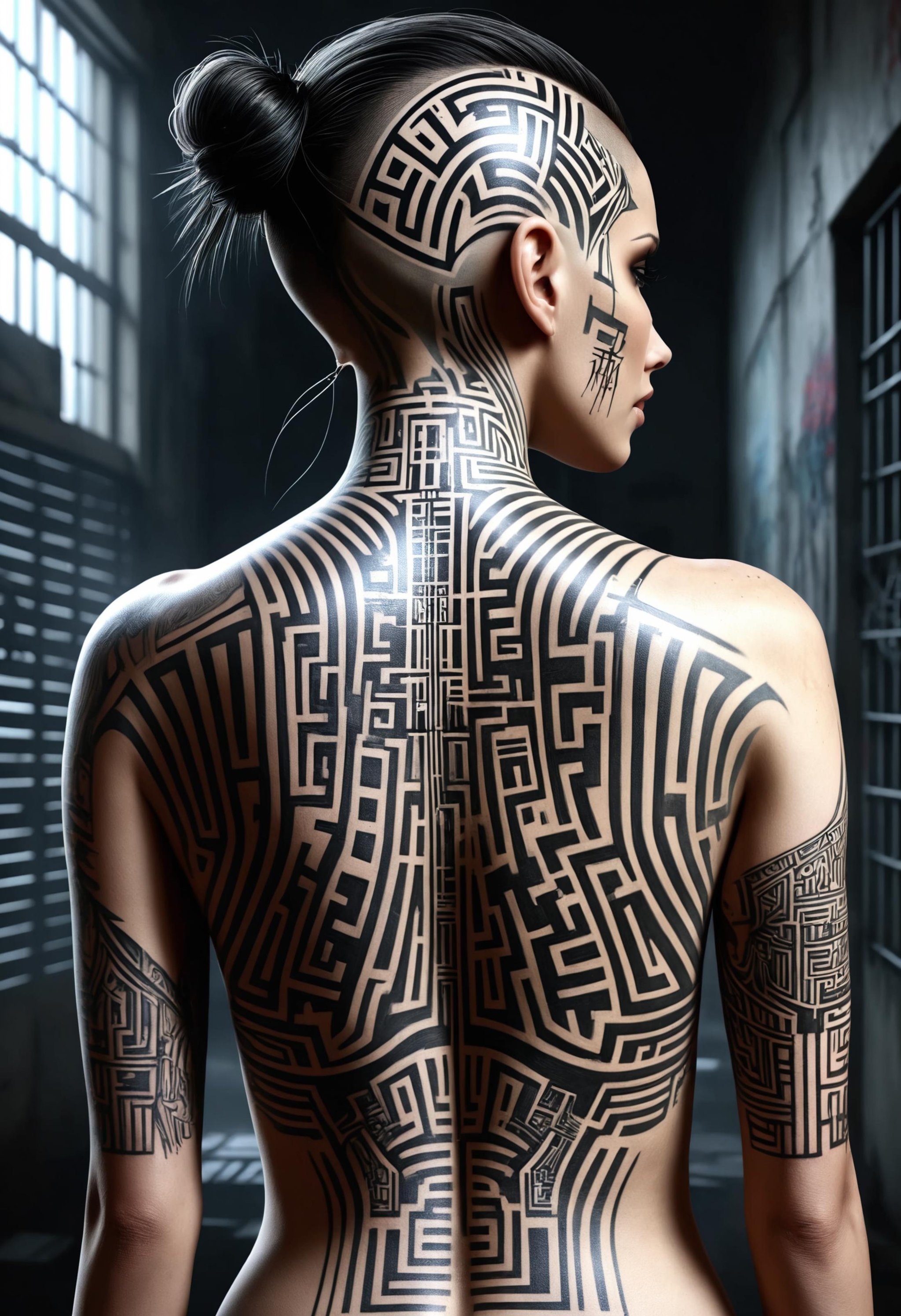 pitch black dark background, prison break map faded render of a full back tattoo, half-shaved wired head, exoskeleton skin, cowboy shot of (woman viewed from behind, high ponytail:0.4) BREAK futuristic city, masterpiece by Eduardo Kobra, glitch art, dark art, digital artwork, illustrative, painterly, matte painting <lora:dvr-mz:1> dvr-mz