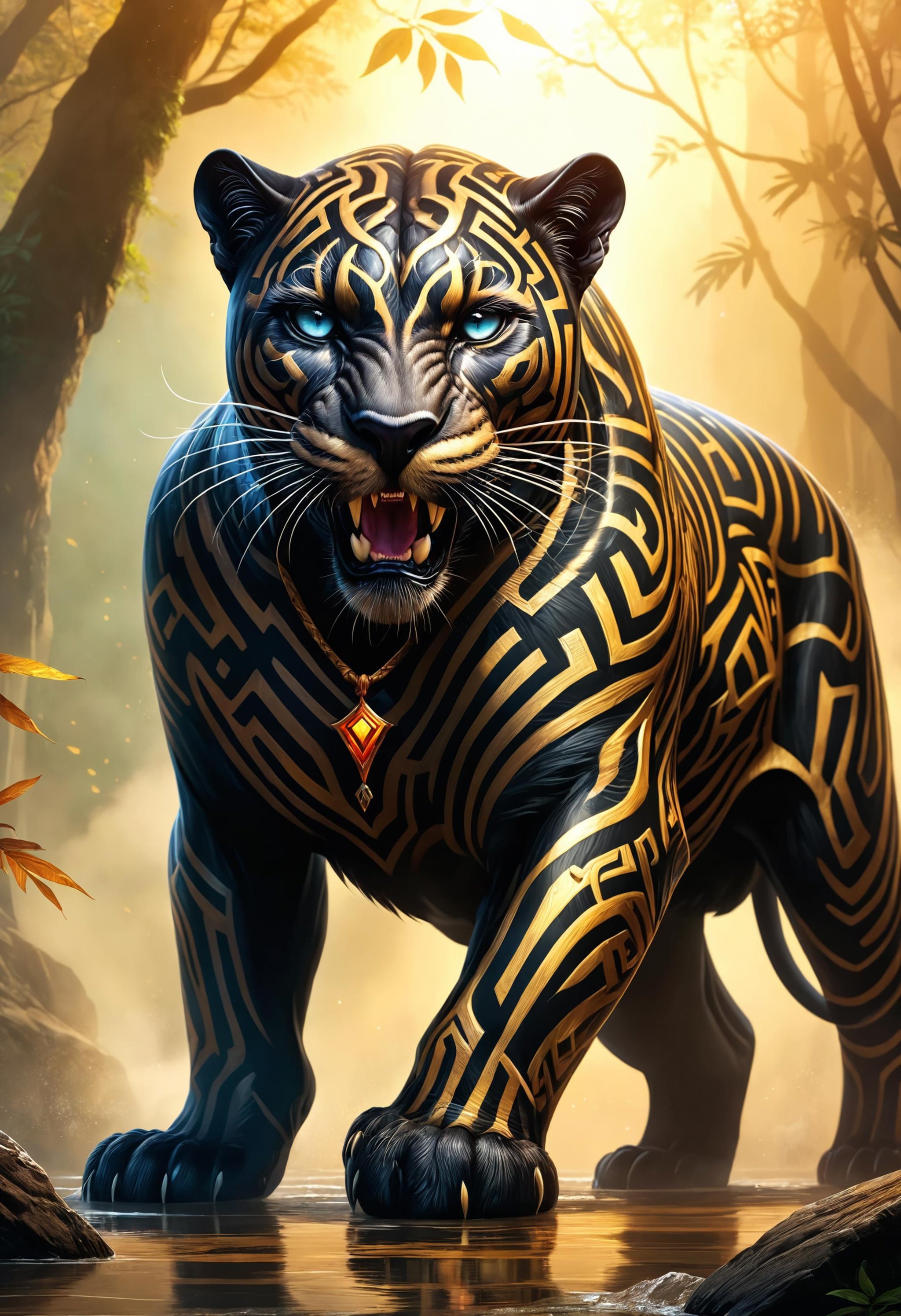 roaring panther-warrior, mythical, smooth, Foggy conditions, F/8, dynamic dramatic beautiful full taking, complex, intricate, atmosphere, fabulous colors, holy, enchanted, handsome, beautiful detailed, vibrant, warm light<lora:dvr-mz:0.8> dvr-mz