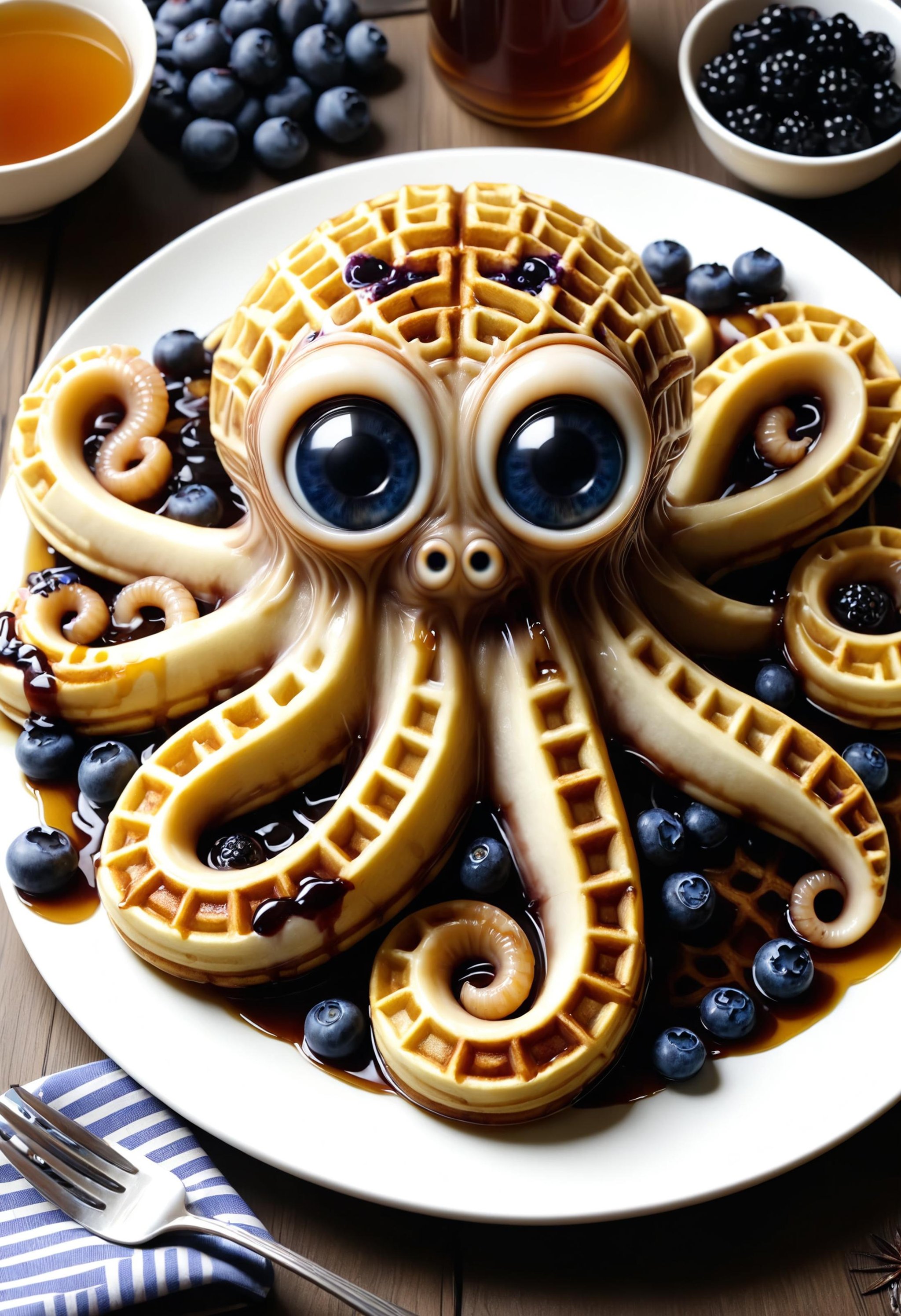 intricate octopus-waffle with huge googly eyes, drenched in maple syrup, blueberries<lora:dvr-mz:1.2> dvr-mz