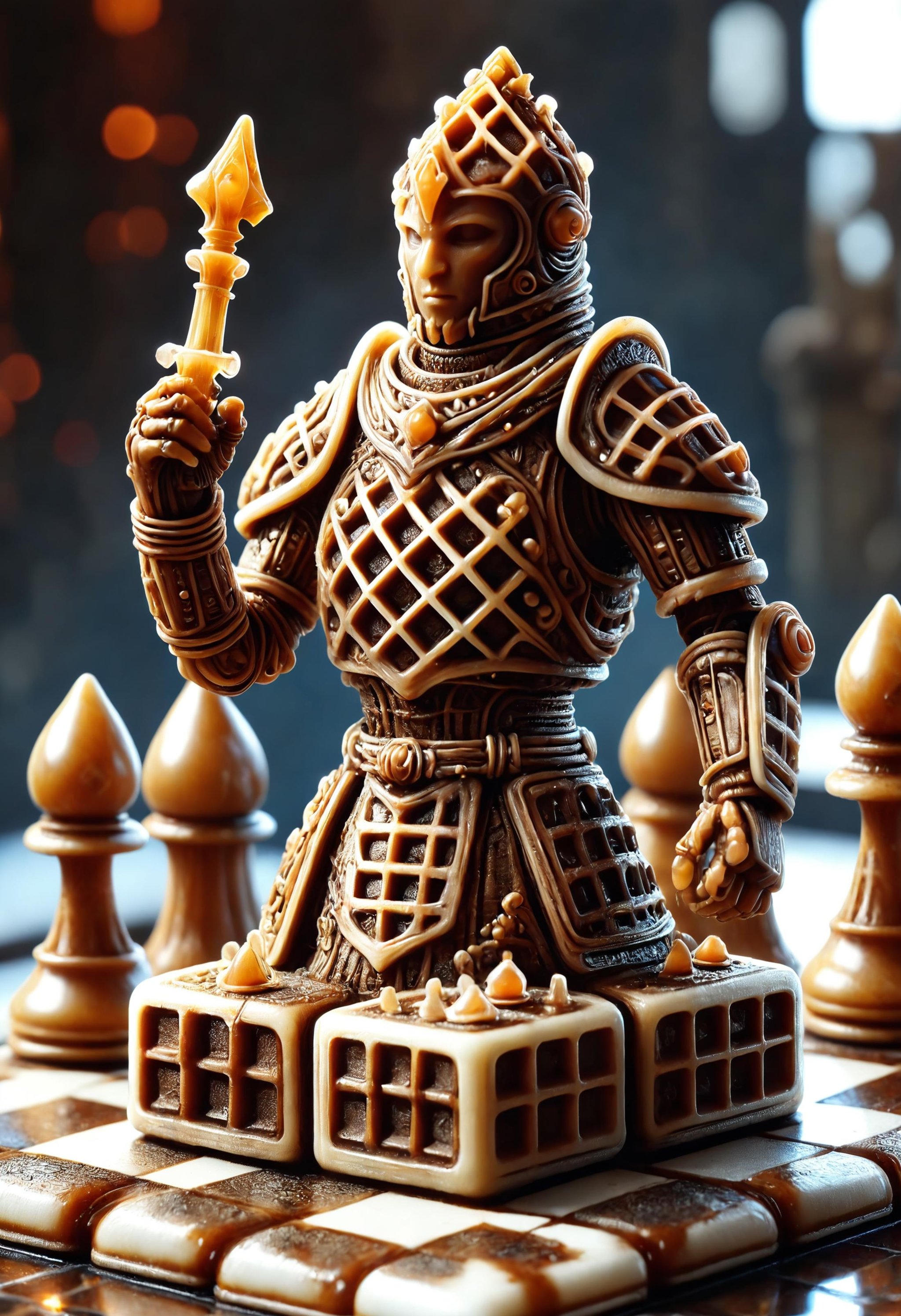 miniature rogue chess piece made of dvr-wffl, half translucent rusty metal, cybernetic threads, blooming entropy, silver particles, fiber optics, chest, underground tavern weathered chess board environment, medieval fantasy art<lora:dvr-wffl:1>