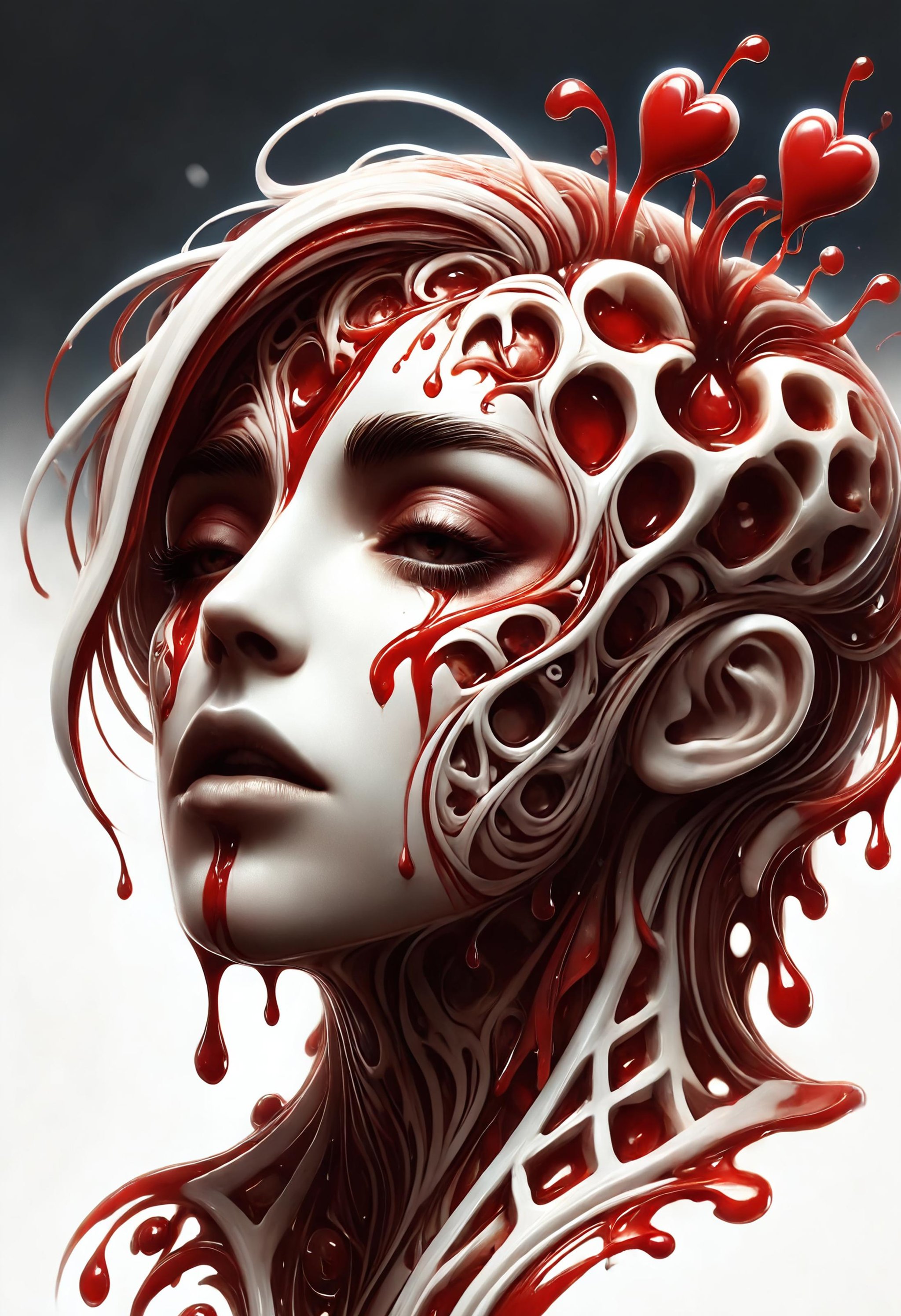 dark abstract sketch of a broken bleeding heart, white space theme, eyes closed, dmt entity manifestation, surreal render concept art, face by wlop, extremely detailed, 8 k, trending on artstation, cinematic lightning, ray tracing, unreal engine, glorious <lora:dvr-wffl:1> dvr-wffl