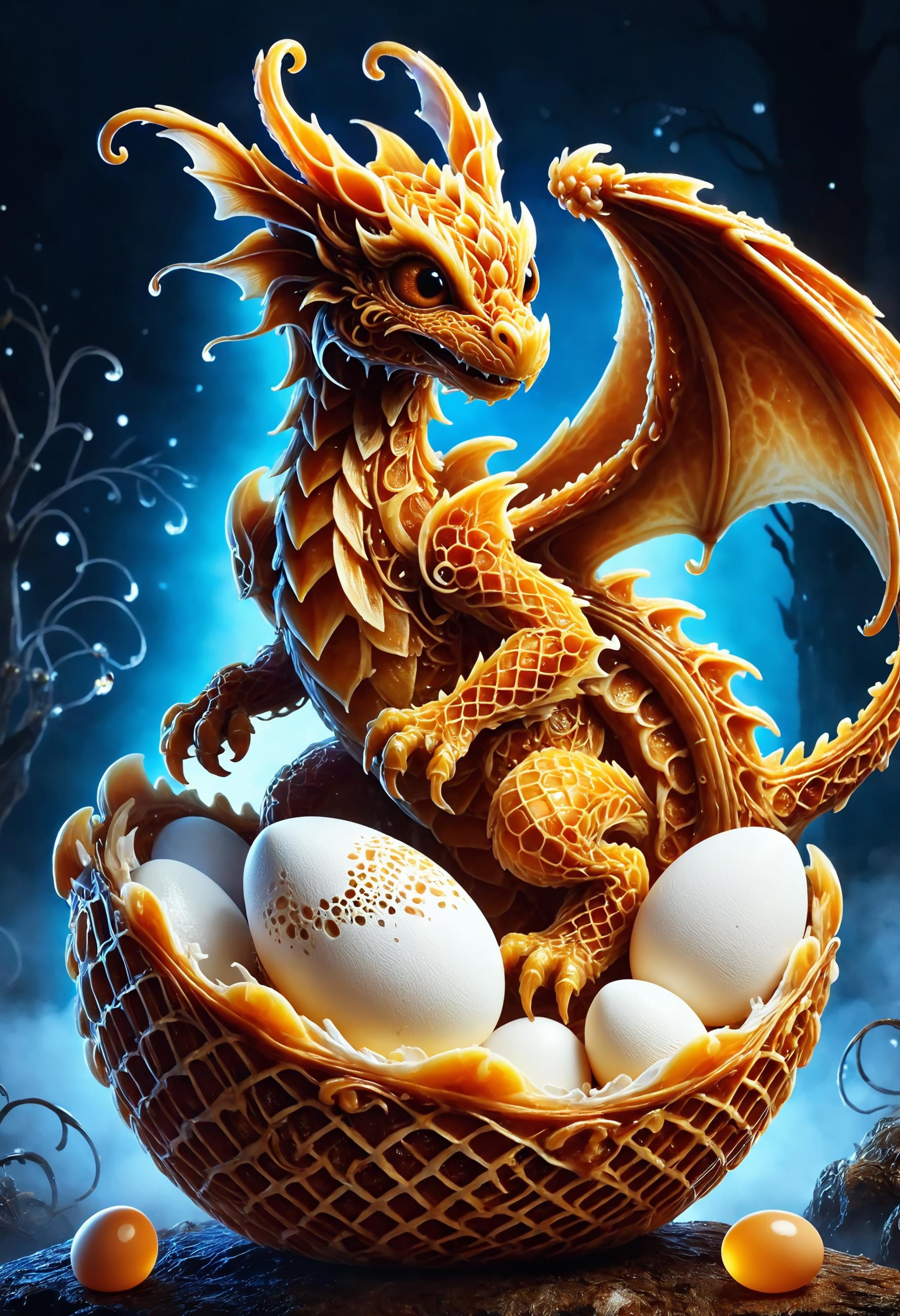 a baby dragon hatching out of an egg with spread wings, at night, foggy, intricate details <lora:dvr-wffl:0.8> dvr-wffl