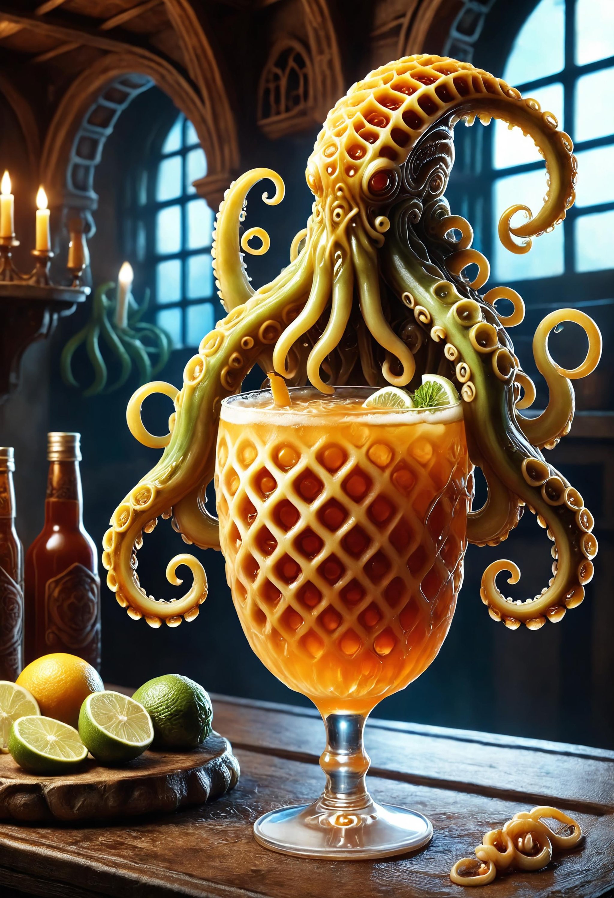 a cocktail with tentacles inspired by Cthulhu in a medieval tavern <lora:dvr-wffl:1> dvr-wffl