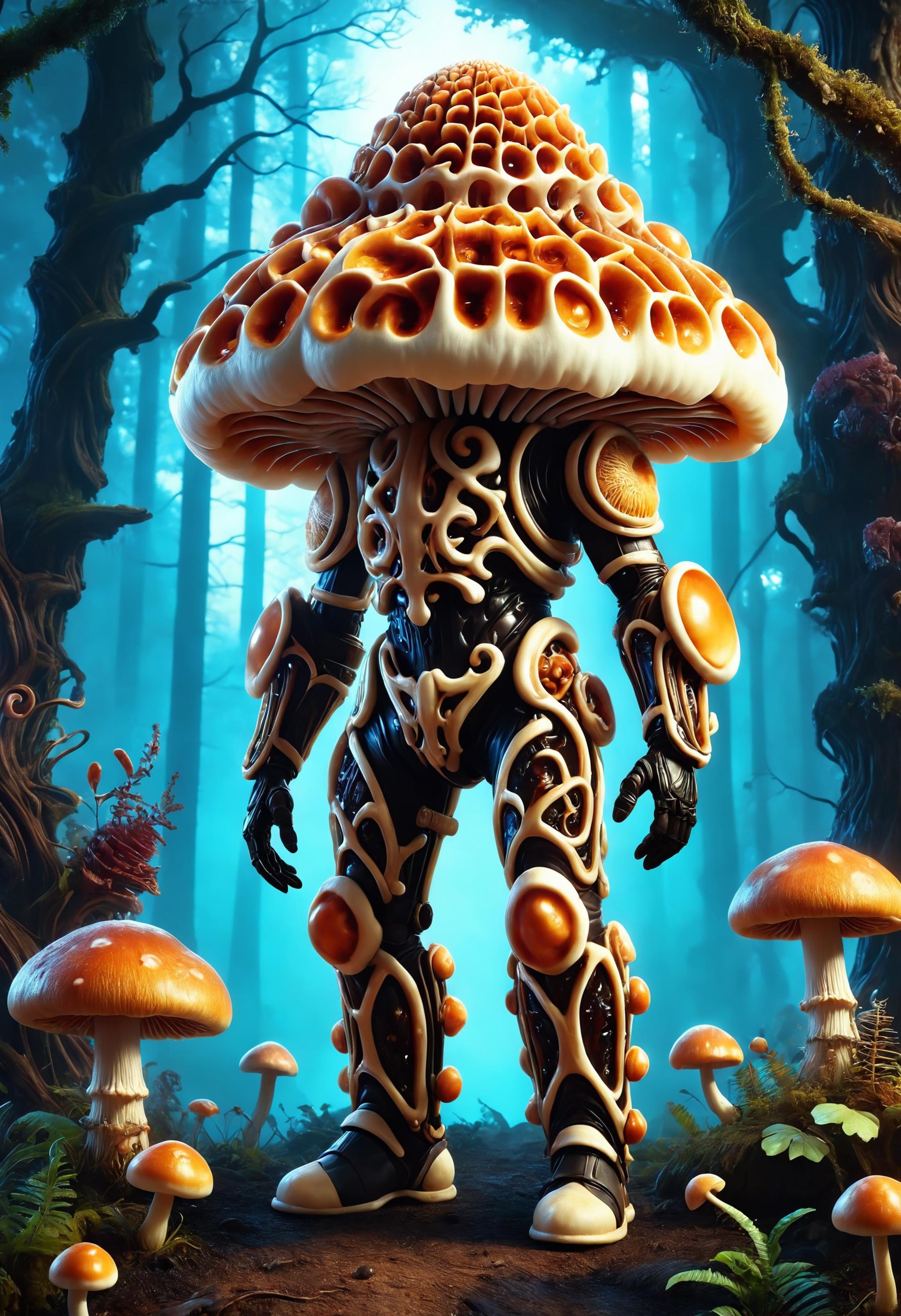 dark and dramatic molecular gastronomy, vibrant baroque neoncore magical tevphaestus francid mushroom with pitch black exoskeleton mycelium armor, acidwave, aesthetic epic, trending on artstation, intricate artwork by Tooth Wu and Greg Rutkowski, octane render, cinematic, hyperrealism, magical forest at night<lora:dvr-wffl:1>