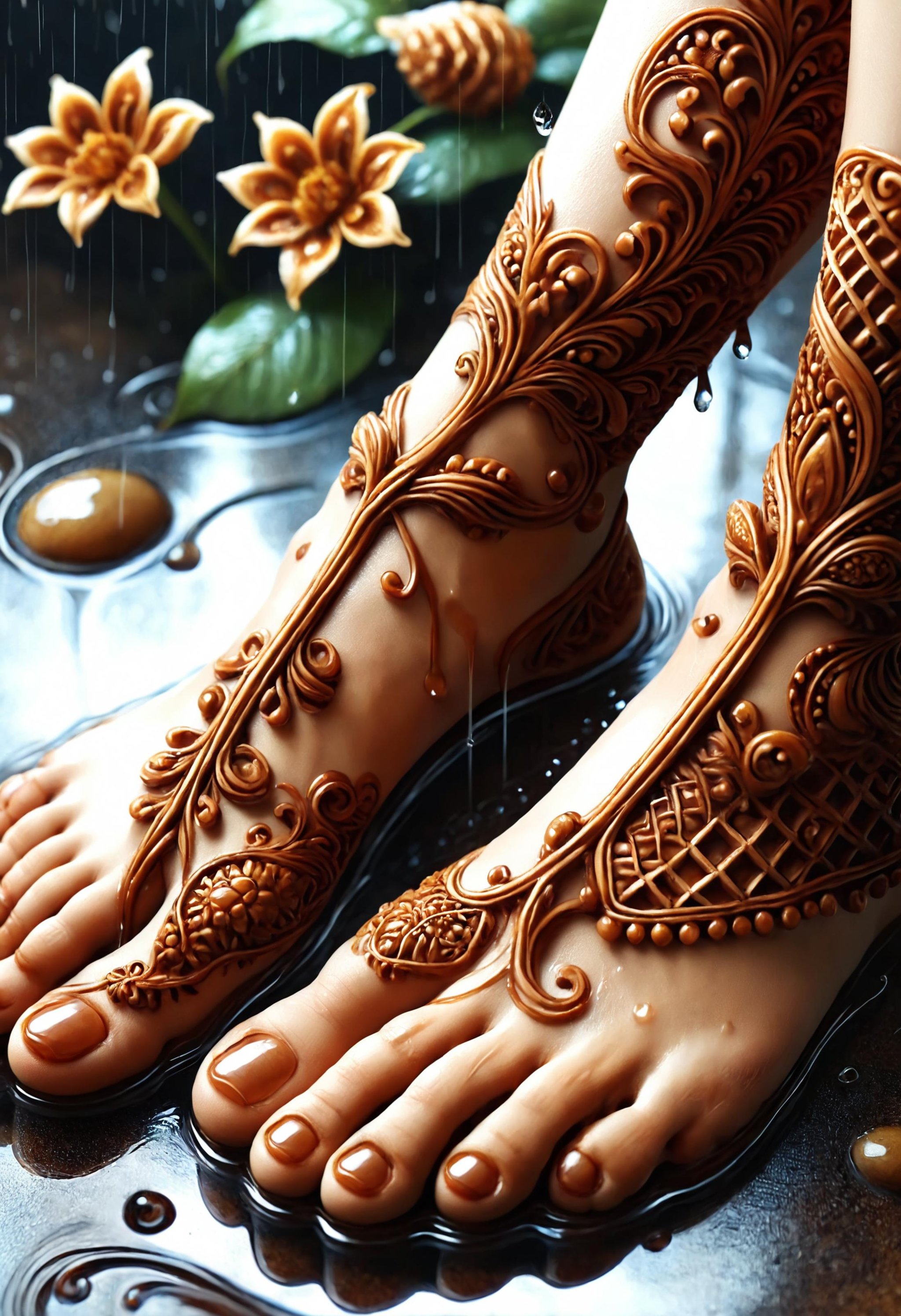 close-up of woman's feet, henna drawing, barefoot, in the rain <lora:dvr-wffl:1> dvr-wffl