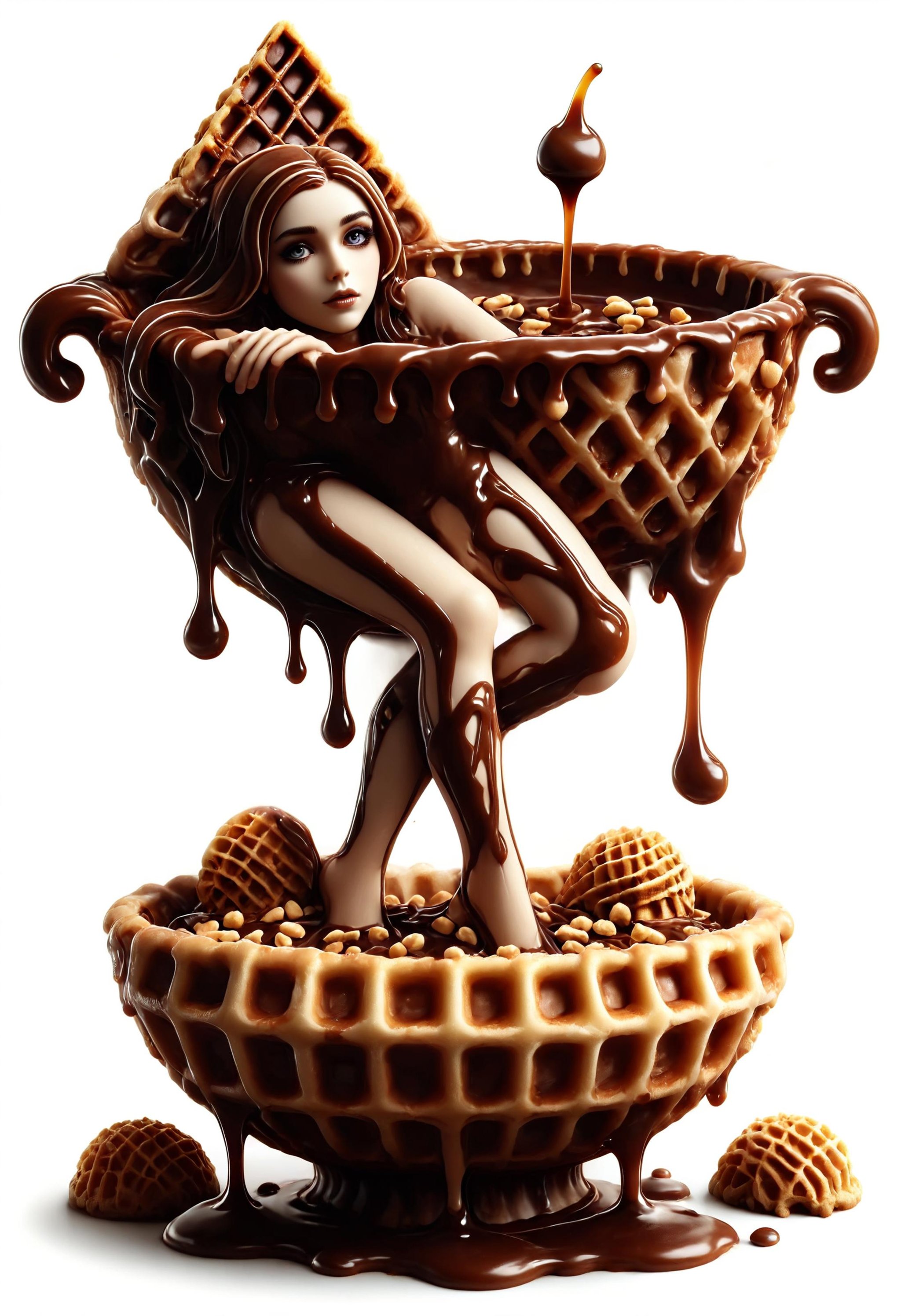 [a large inverted triangular dark chocolate slice pointing down : a delicate goth woman silhouette made of chocolate pouring mascara and peanuts, crispy cone, feet above the rim : 3] , floating above and dripping in a bowl<lora:dvr-wffl:1.2> dvr-wffl