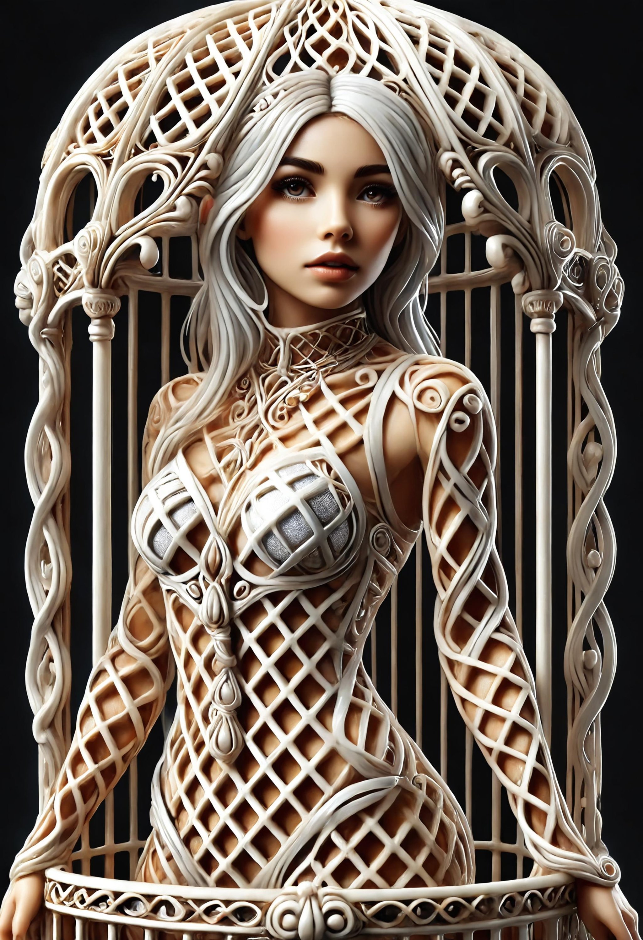 woman stylized as a silver metal cage, macrame<lora:dvr-wffl:1> dvr-wffl