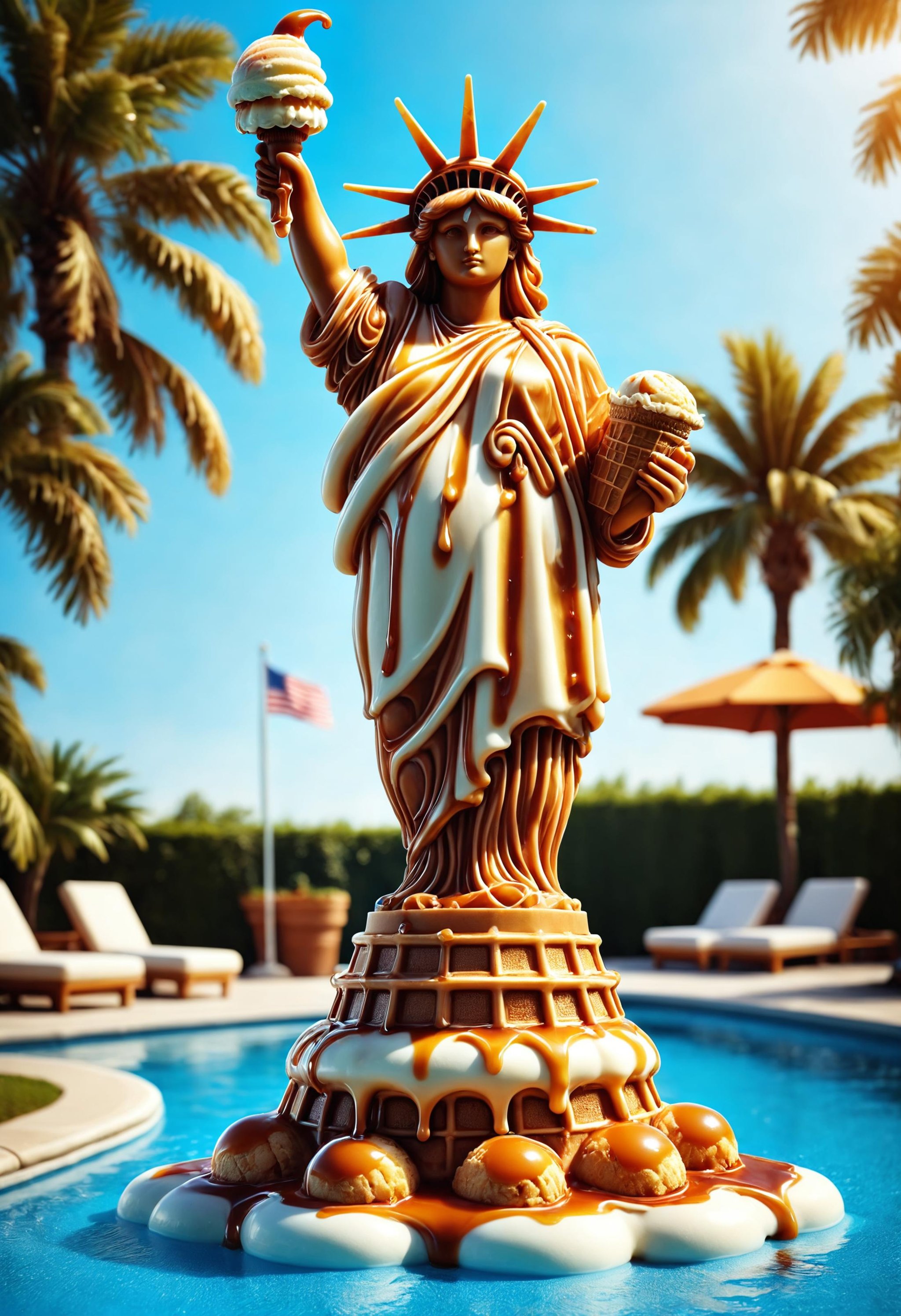 cinematic photo the statue of liberty shaped like a large ice cream cone with dripping caramel on a hot sunday afternoon at the pool<lora:dvr-wffl:0.8> dvr-wffl . 35mm photograph, film, bokeh, professional, 4k, highly detailed