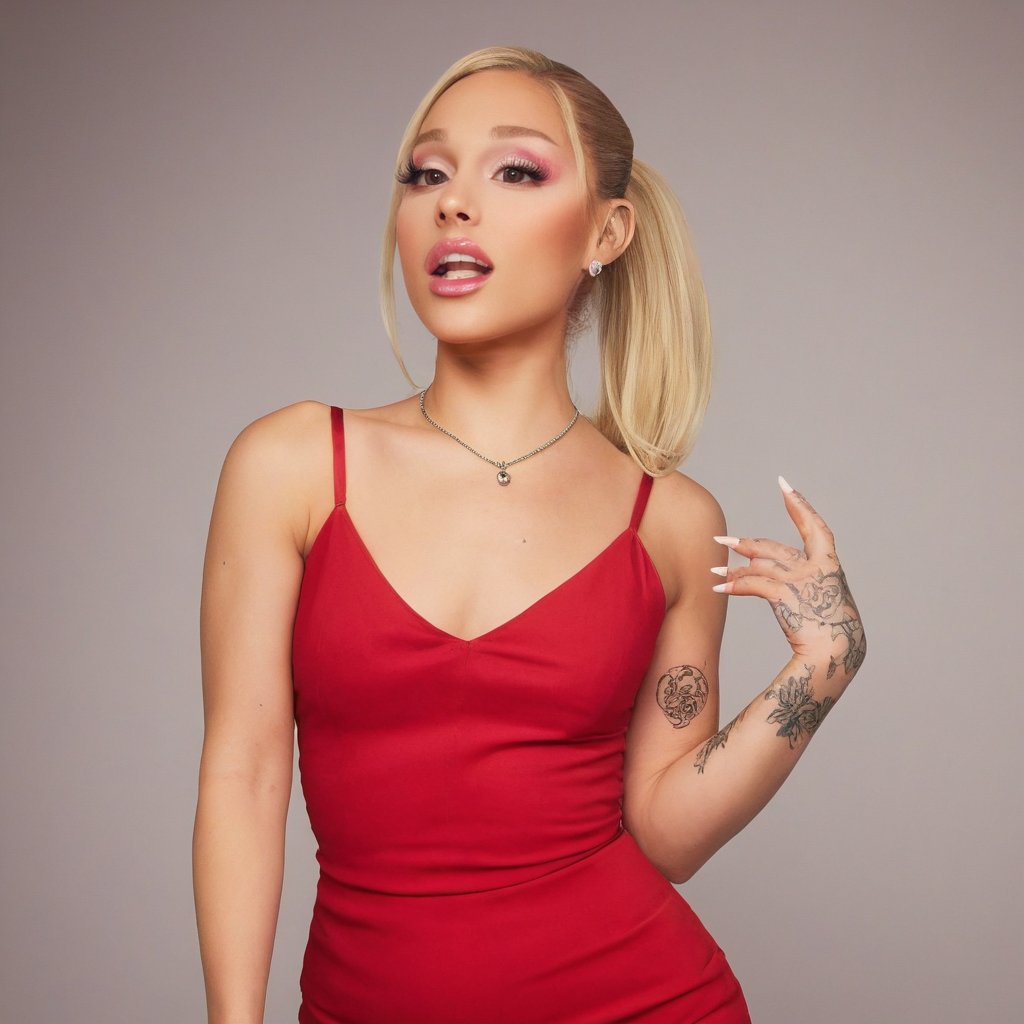 A woman, blonde hair, light blonde hair, headshot_portrait, posing, blub party short red dress,black short closed toe heels, closed toe heels, backgroud is a lively club, looking at viewer, blonde ponytail, simple makeup, tattoos, tattoos on hand and arm. She is not holding anything. She is happy. She is yelling out in happiness, she is partying.