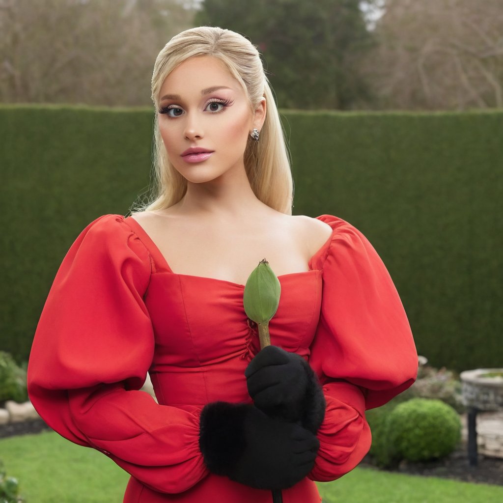 A woman, blonde hair, light blonde hair, headshot_portrait, posing, red dress, puffy red sleeves, tited black tights, black matte heels, closed toe heels, backgroud is a garden, looking at viewer, blonde barbie ponytail, simple makeup