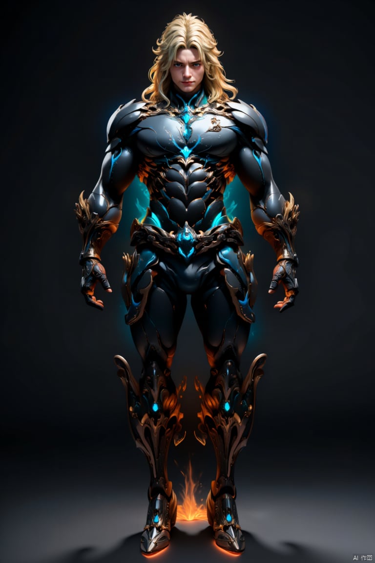 1boy, solo, male focus, blue eyes, full body, glowing, armor, black skin, standing, long hair, blonde hair, abs, looking at viewer, muscular, glowing eyes, multicolored hair, colored skin, gem, gauntlets