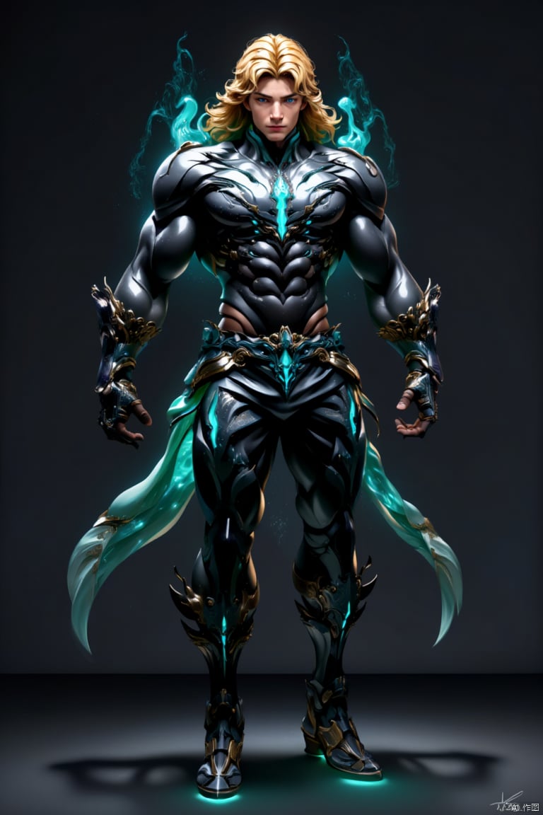 1boy, solo, male focus, blue eyes, full body, glowing, armor, black skin, standing, long hair, blonde hair, abs, looking at viewer, muscular, glowing eyes, multicolored hair, colored skin, gem, gauntlets