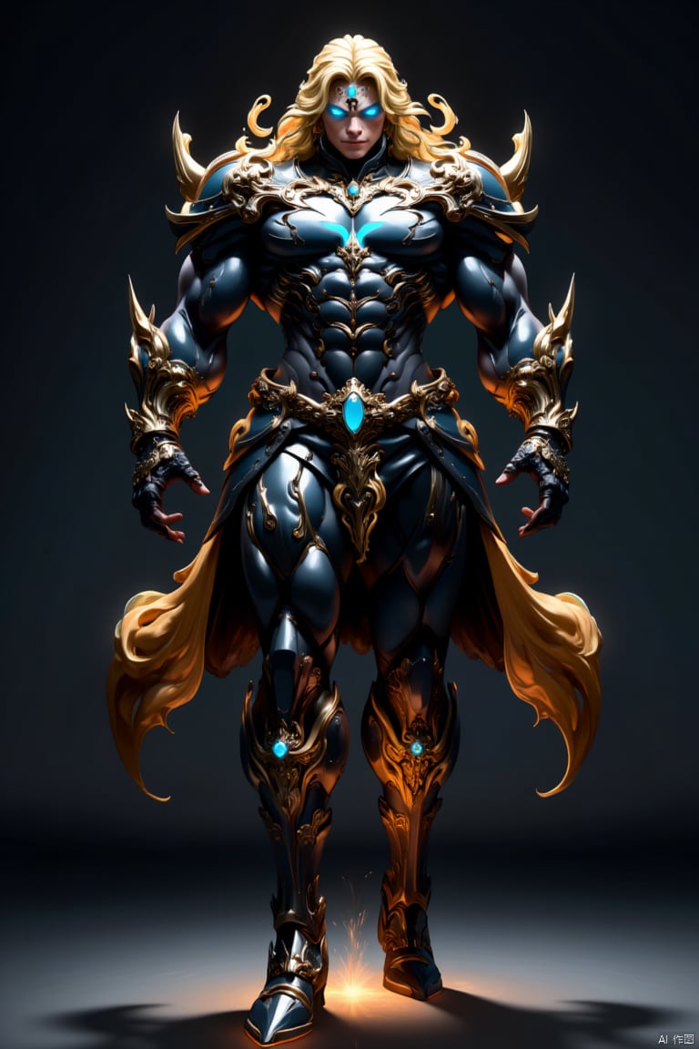 1boy, solo, male focus, blue eyes, full body, glowing, armor, black skin, standing, long hair, blonde hair, abs, looking at viewer, muscular, glowing eyes, multicolored hair, colored skin, gem, gauntlets