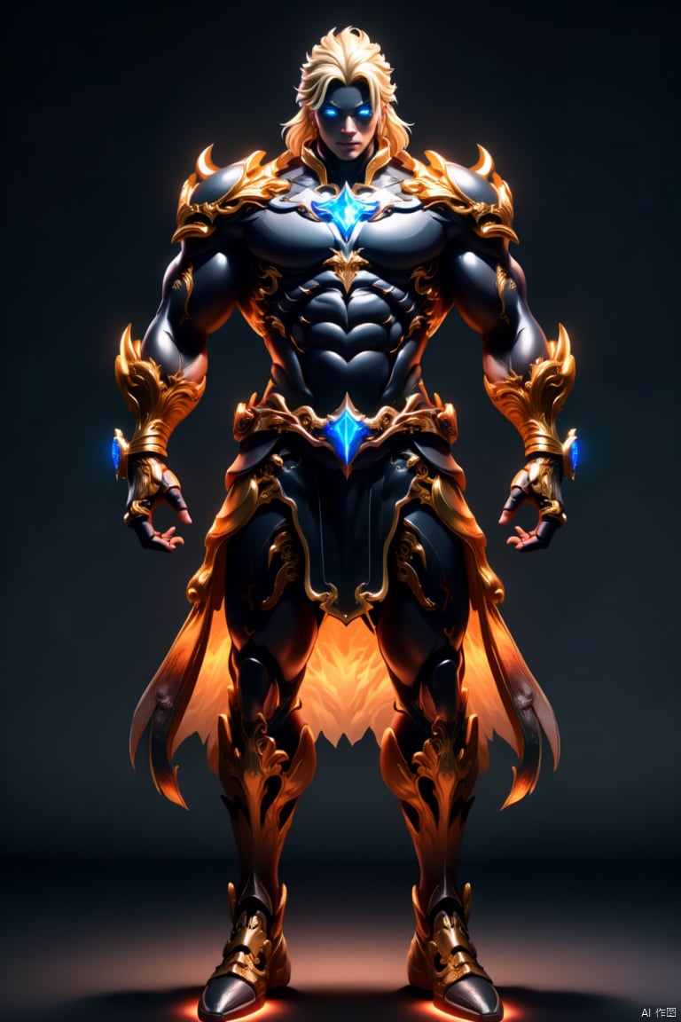 1boy, solo, male focus, blue eyes, full body, glowing, armor, black skin, standing, long hair, blonde hair, abs, looking at viewer, muscular, glowing eyes, multicolored hair, colored skin, gem, gauntlets