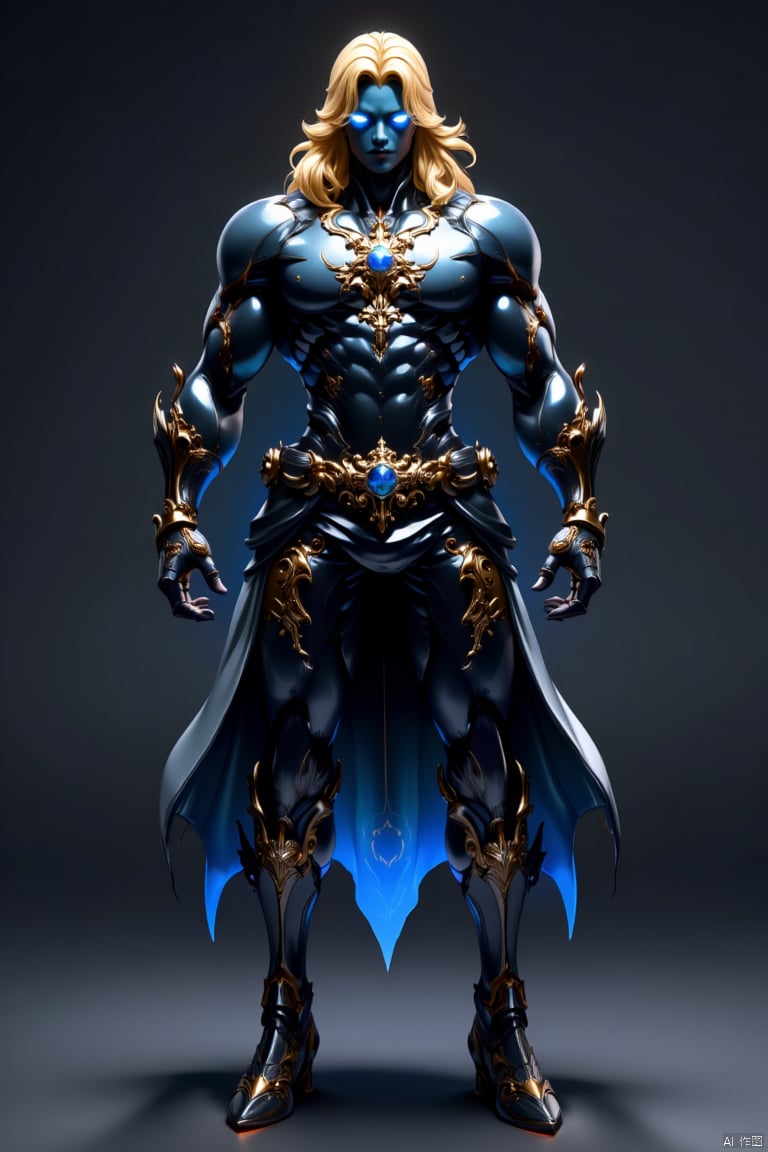 1boy, solo, male focus, blue eyes, full body, glowing, armor, black skin, standing, long hair, blonde hair, abs, looking at viewer, muscular, glowing eyes, multicolored hair, colored skin, gem, gauntlets