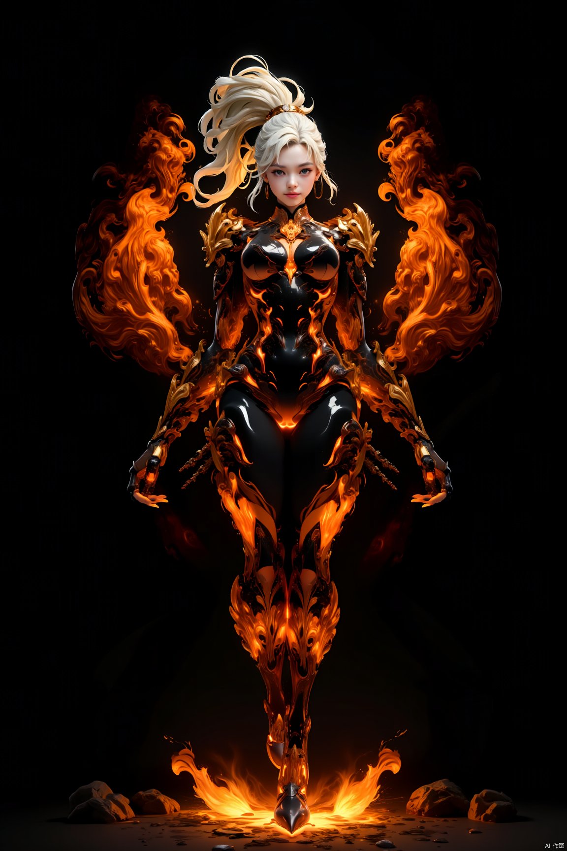 1girl, solo, looking at viewer, bodysuit, fire, long hair, standing, full body, breasts, ponytail, thigh gap, lips, black background, glowing, floating, white hair, blonde hair, armor, earrings, molten rock, rock, medium breasts