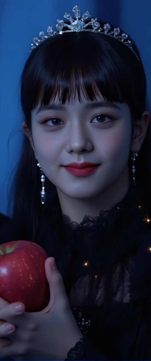 A cinematic close-up shot of a single girl with long, flowing hair and piercing blue eyes, gazing directly at the viewer. Dimly lit, the scene is bathed in misty, realistic lighting that accentuates her features. Her bangs frame her face as she holds a juicy red apple, its sparks catching the light. Chiaroscuro highlights the contours of her upper body, where she wears elegant earrings and a delicate crown. Freckles dance across her cheeks as her lips curve into a subtle smile. The blue background adds depth to the composition, with the dark tones creating a sense of mystery.,ct-virtual_v2,ct-visual,ct-sensual-v2,ct-kjbp