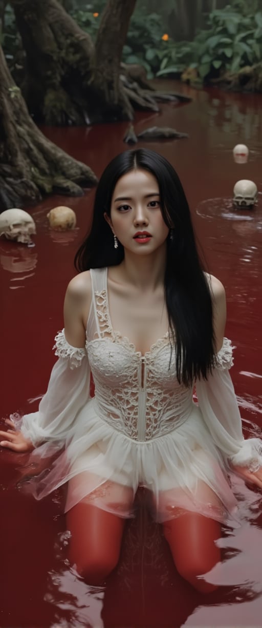 masterpiece, Movie Still, Film Still, Cinematic, Cinematic Shot, (RAW photo, 8k uhd, Analog style, Masterpiece, Best Quality, Highres:1.4), (dramatic, cinematic:1.2), BREAK, movie shot of (brutal:1.1) surreal scene of pretty mistressblake with dark hair and white dress in a lake of blood with skulls floating around , ,,ct-virtual,ct-virtual_v2