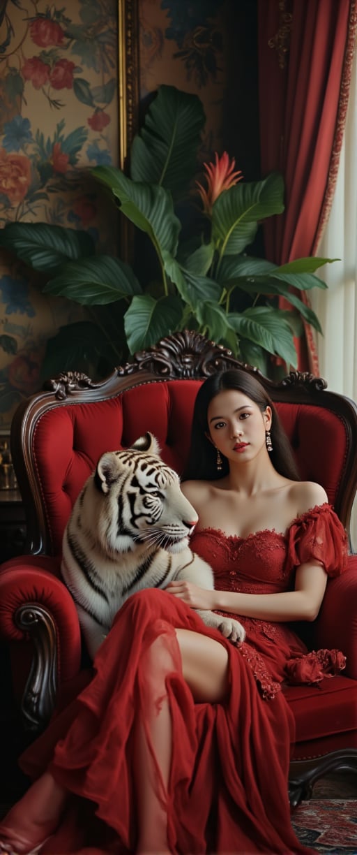 masterpiece, Movie Still, Film Still, Cinematic, Cinematic Shot, (RAW photo, 8k uhd, Analog style, Masterpiece, Best Quality, Highres:1.4), (dramatic, cinematic:1.2), BREAK, movie shot of (brutal:1.1)camera capturing a scene of a female model and a bengal tiger. She was sitting on a red velvet chair that looks very fluffy, victorian era chair with intricate detail. The white tiger is sitting comfortably beside her, placing its head on the woman lap. BREAK Setting in a victorian era living room with lush greeneries, a combination of elegant living room and lush rainforest. Cinematic lighting with single natural light. ((sensual figure, revealing clothes)). Overall mood is ethereal and provocative.,VNS_Add more details
,,ct-virtual,ct-virtual_v2,ct-visual,ct-sensual-v2,ct-kjbp