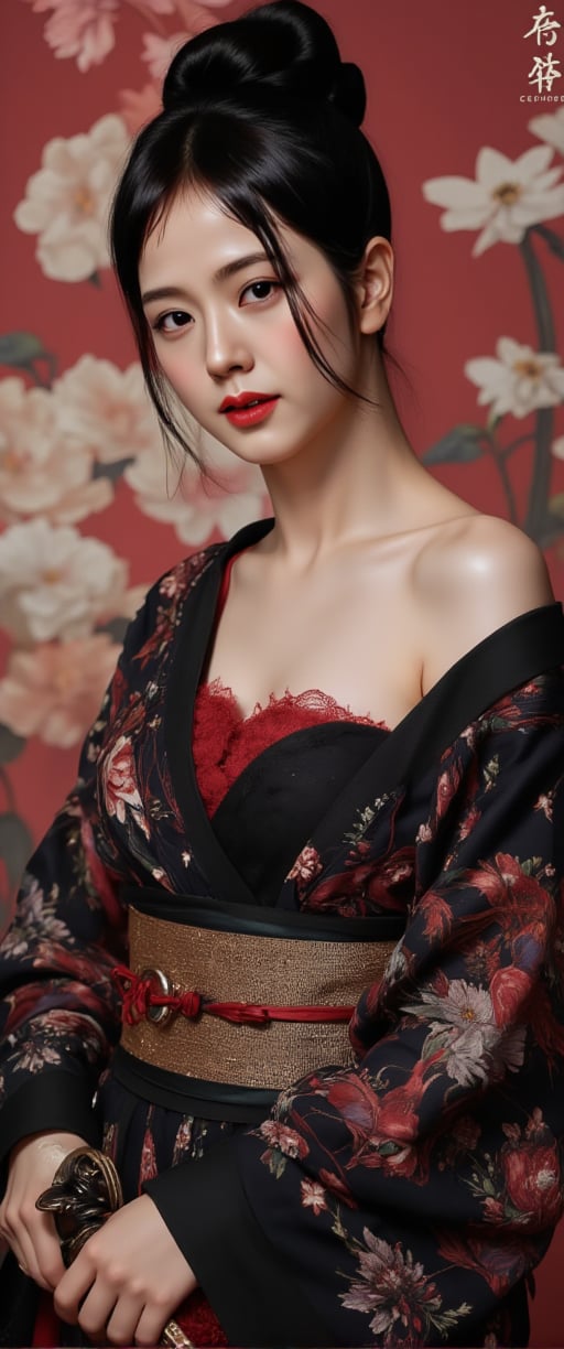  Create an ultra-realistic masterpiece image of a stunning Japanese woman wearing a traditional kimono and holding a katana sword in a photorealistic sheath. She stands alone, bent over slightly, with her black hair tied up in a single bun and her dark nails painted red at the tips. Her pale skin glistens under professional lighting, accentuating the curves of her breasts as they're framed by the folds of her kimono. Her brown eyes sparkle with a hint of mischief as she gazes directly at the viewer, her full lips slightly parted in a subtle smile. A Japanese sash wraps around her waist, adorned with intricate designs that match the delicate patterns on her arm tattoo. Around her neck, a pair of earrings glint in the light, and her fingers grasp the hilt of her katana as she holds it at an angle, revealing her black nails painted with red tips. In the background, subtle platform footwear, geta sandals, add height to her stance. The image is rendered on a Canon EOS R6 camera, showcasing exceptional detail and texture. 'CTMAKER' letters as a tatto, surrounded by a faint glow that hints at her subtle Japanese tattoo,ct-kjbp