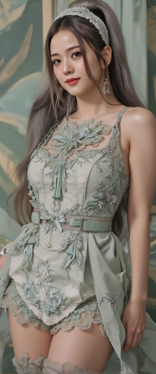 Full Frame: HDR photo of an 18 year old woman, medium breasts, (curvy), cute, eyelashes, BREAK long hair, twintails, green eyes, grey hair, pointy ears, elf, BREAK, closed mouth, alternate costume, smile, nail polish, looking at viewer, hand up, blush, zzLFashion, frilled dress, frills, bow, dress, striped thighhighs, sweetL ,amazing smile, perfect eyes . High dynamic range, vivid, rich details, clear shadows and highlights, realistic, intense, enhanced contrast, highly detailed ,masterpiece,best quality,ultra detailed,ultra detailed face,film style,film grain,FilmGirl,Text,Cinematic , nereirfpnxl, frieren, elf, pointy ears,green eyes, white hair, twintails,ct-visual,ct-virtual_v2,ct-sensual-v2,ct-kjbp