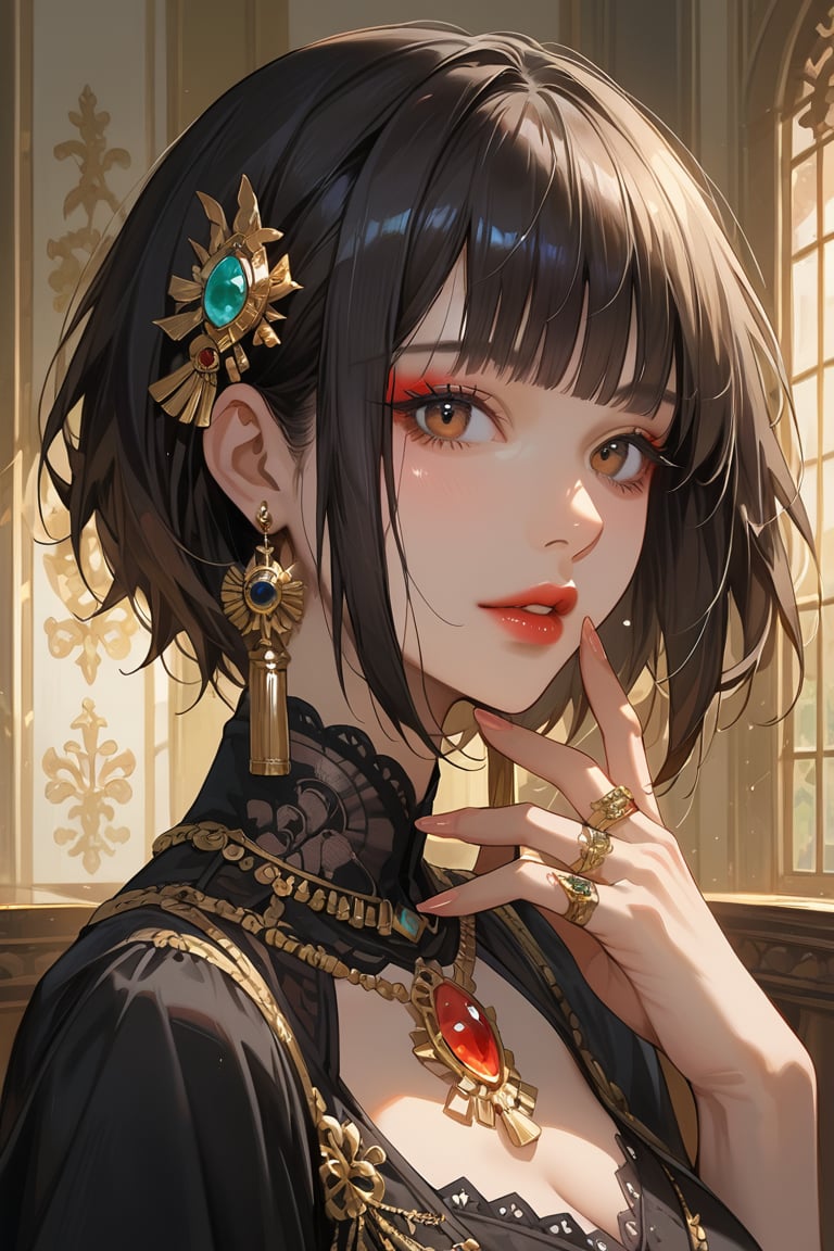 score_9, score_8_up, score_7_up, source_anime, detailed illustration, 8K UHD, close up, 1girl, solo, looking at viewer, short hair, bangs, black hair, brown eyes, jewelry, upper body, earrings, parted lips, indoors, blunt bangs, black dress, makeup, ring, gem, red lips