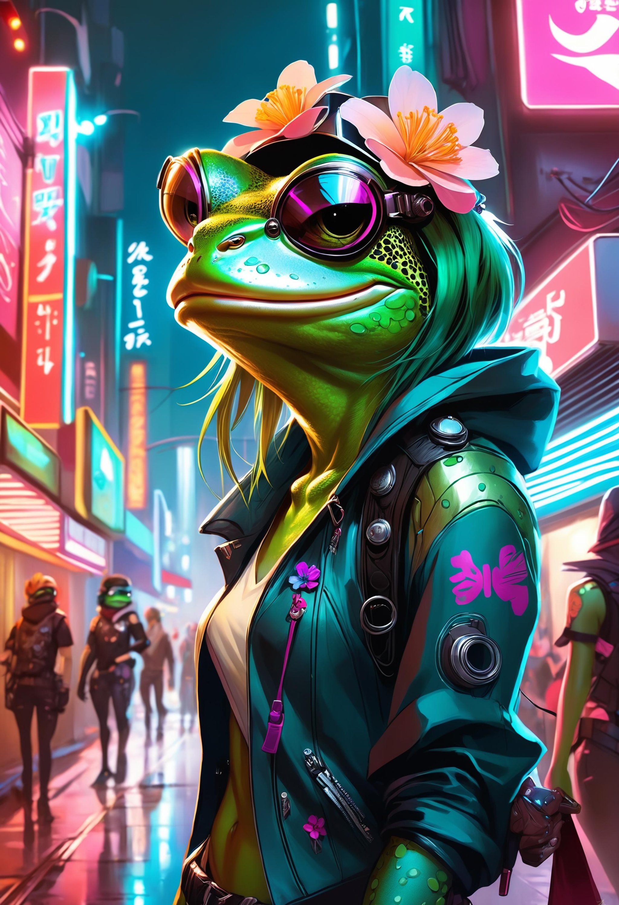 beautiful digital art portrait commission of an undercover androgynous furry anthro frog with a futuristic flower visor wearing punk clothes in the streets of a cyberpunk city, neon signs, character design by charlie bowater and makoto shinkai