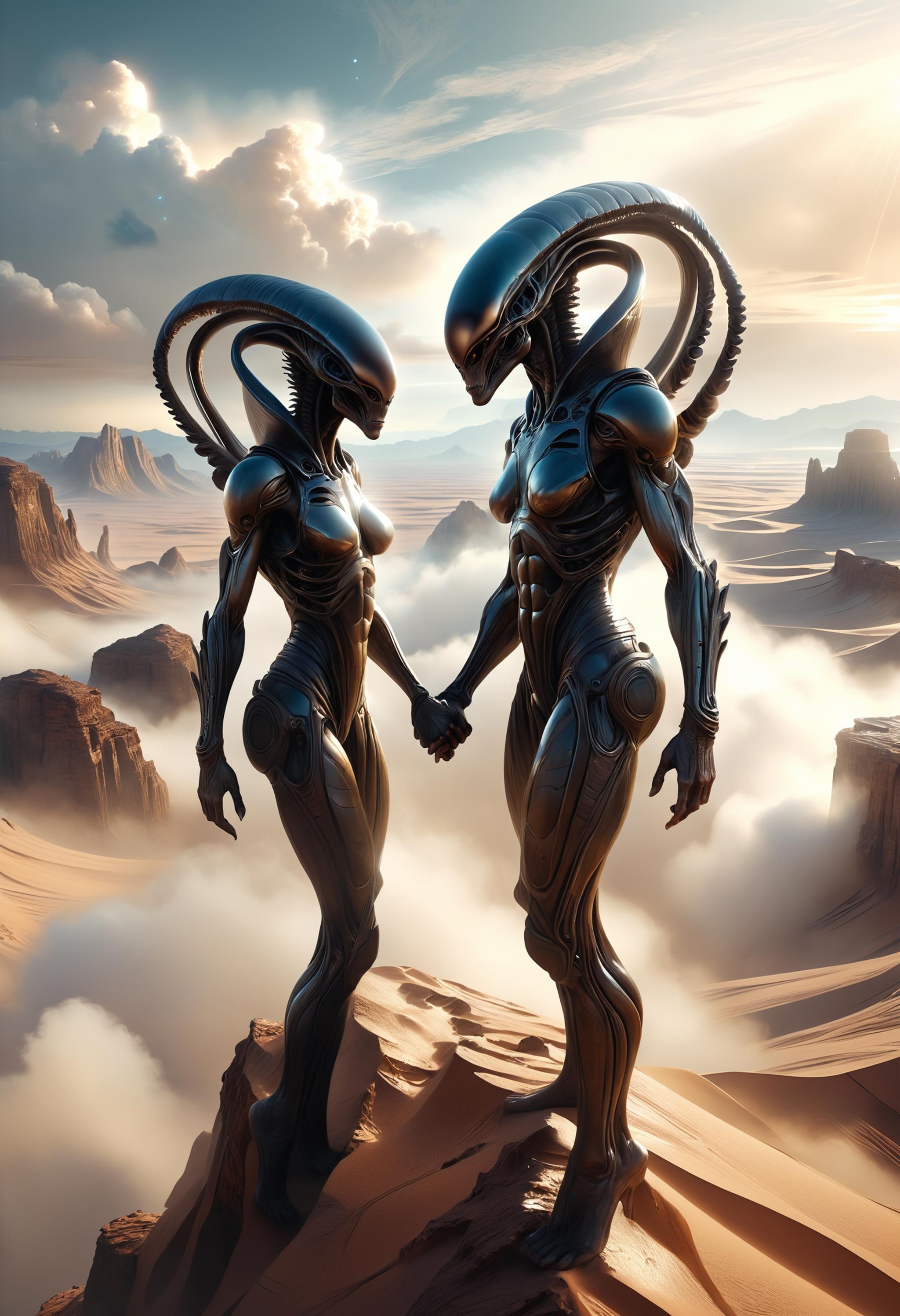 alien influencers holding hands above the clouds in the desert, powerful, cinematic, beautifully lit, by artgerm, by karol bak, 3 d, perfect face and body, trending on artstation, octane render, 8 k