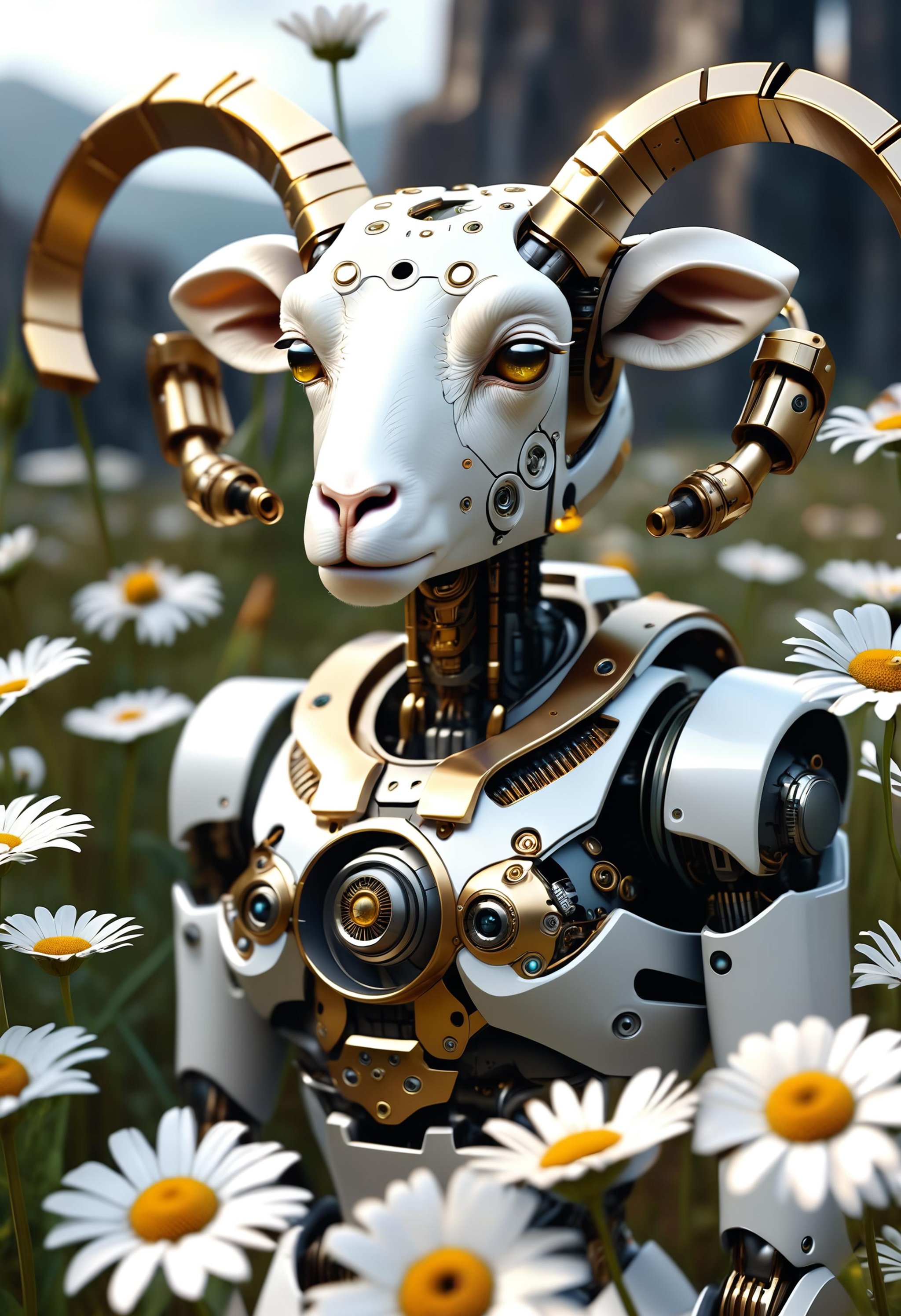 cybernetic organism, mechanical robot inspired by a sheep and a missile in a field of daisies, symmetrical, front facing, 3 d model, very coherent symmetrical artwork, unreal engine realistic render, 8 k, micro detail, white ceramic material and clear glass with gold accents, iridescent black background, intricate, elegant, highly detailed, high contrast, digital painting, artstation, smooth, sharp focus, illustration, artgerm, tomasz alen kopera