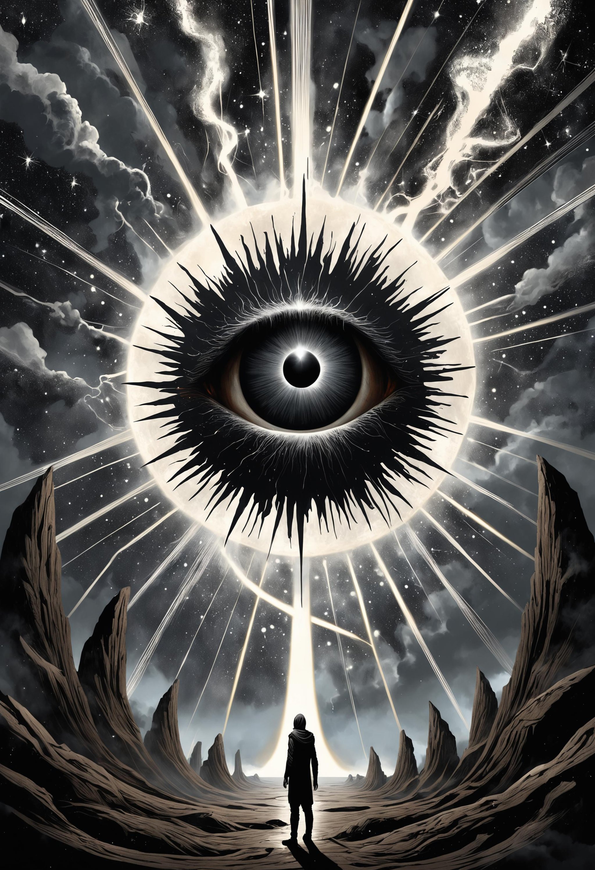 worm's eye perspective, grays shades, concept art of dark psychology, eclipse trails, inner distressed mood,  cosmic glory, cluster dispersed rays, evil tendrils overflowing, trending on artstation, Dan Hillier