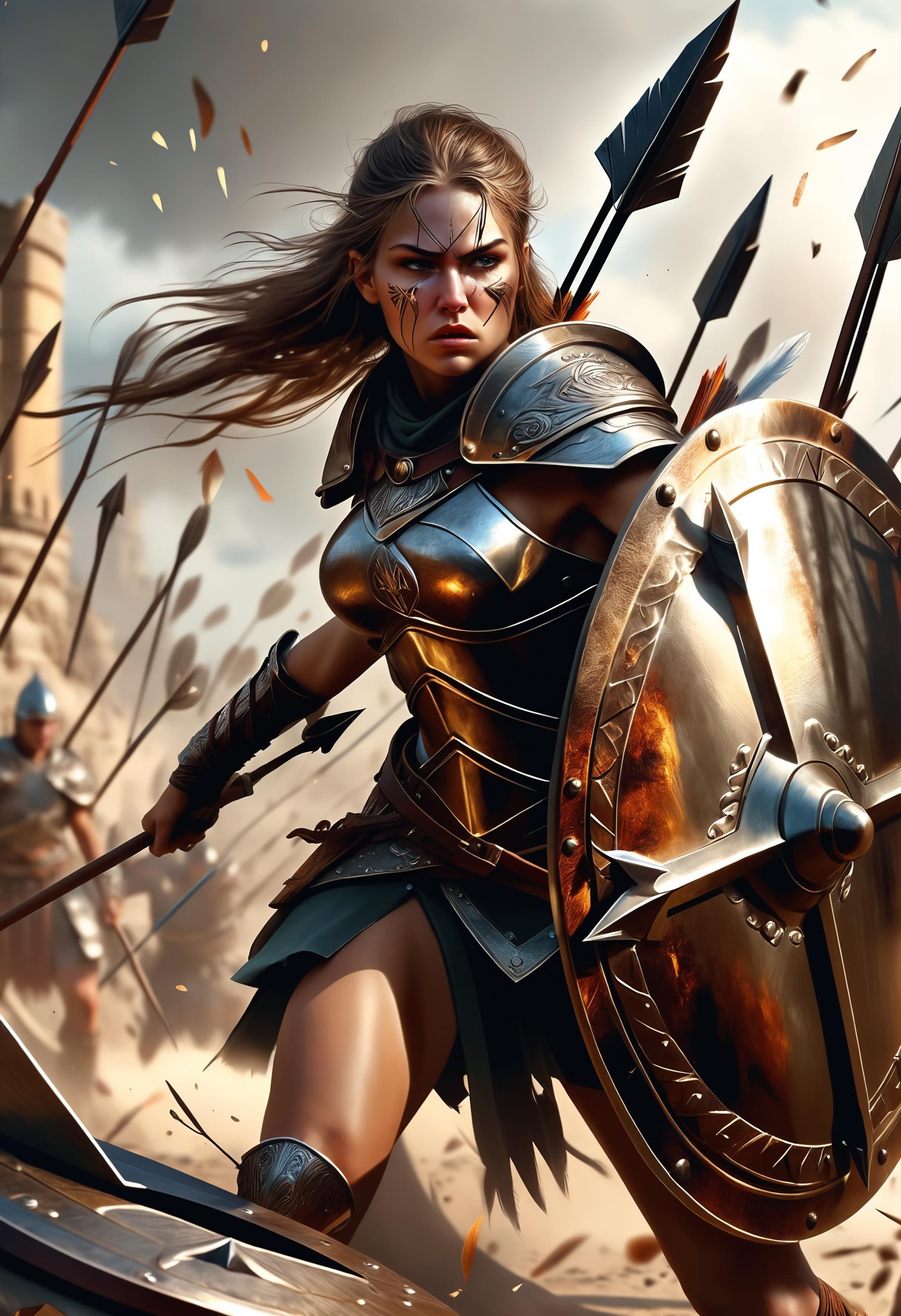 a female warrior takes cover behind a shield from a barrage of arrows whizzing past, fantasy, intricate, elegant, highly detailed, digital painting, artstation, concept art, matte, sharp focus