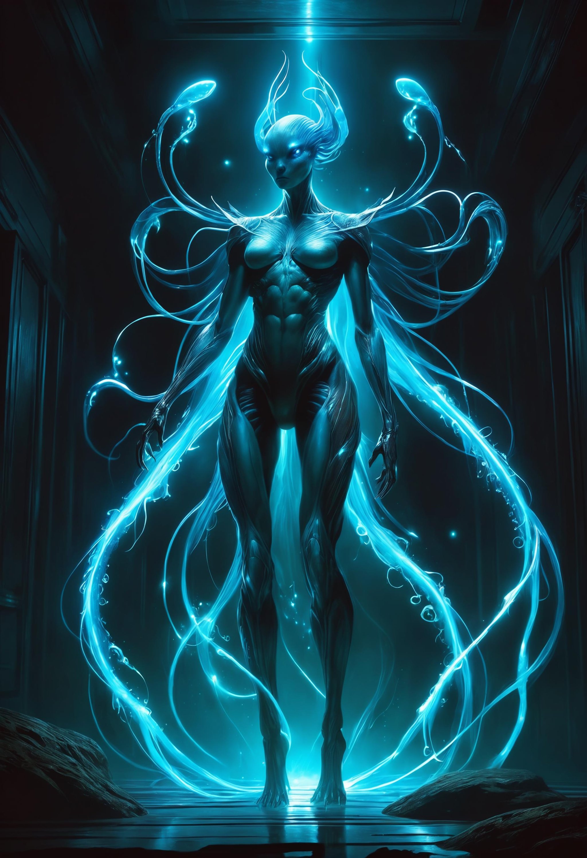 cinematic photo of an unnatural bioluminescent creature in a dark room by artgerm and greg rutkowski, extreme detail, liminal space