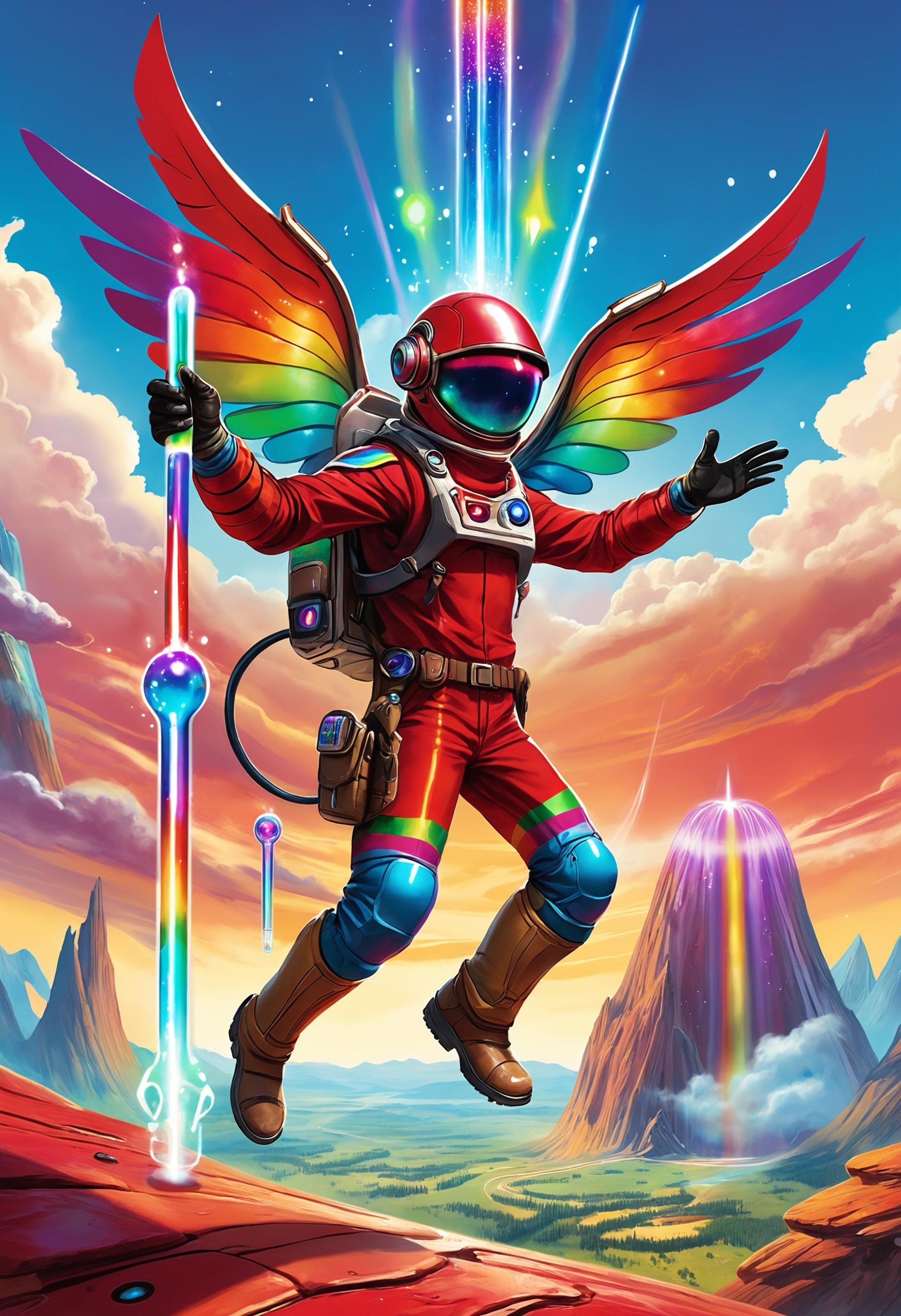 an intergalactic ranger holding a futuristic rainbow thermometer ready to probe unknowing peasants jumps for joy, dripping sweat, antennae, crimson red demon wings